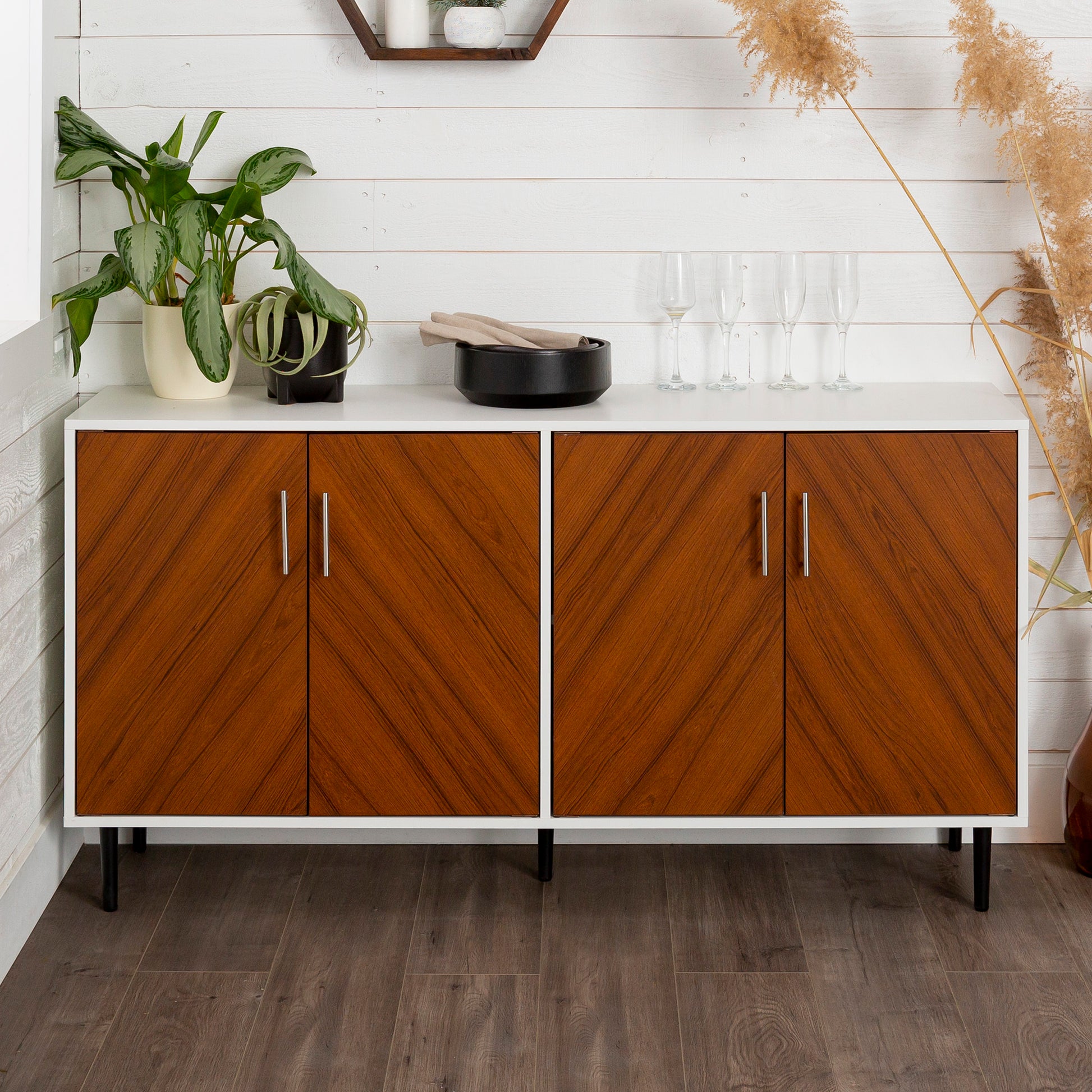 Mid Century Modern Faux Bookmatch Door Buffet White Teak Teak Mdf