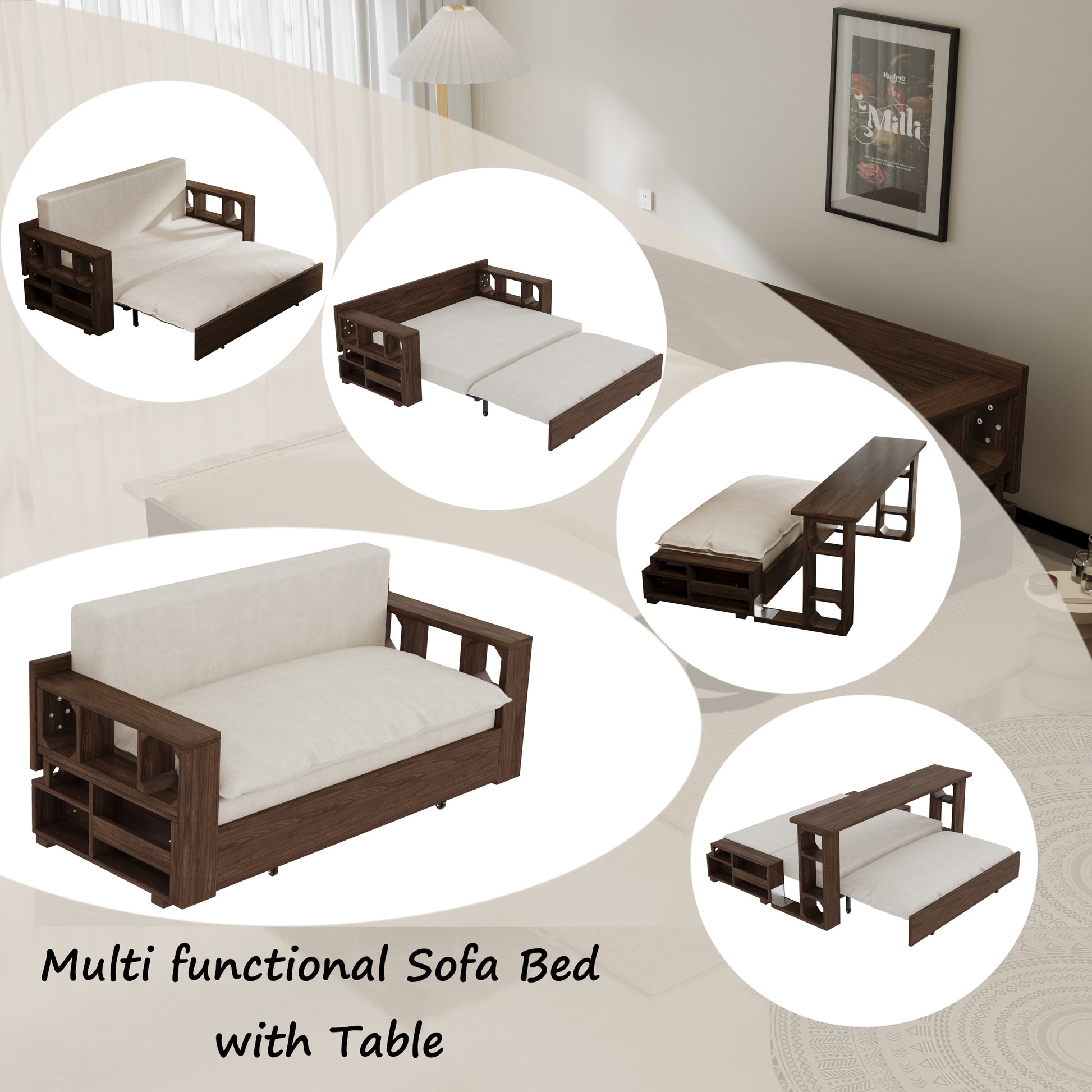 3 In 1 Convertible Sleeper Sofa Bed,Modern Velvet Loveseat Couch With Pull Out Bed,Small Beautiful Seat Futon Sofa Bed With Convertible Office Desk,Beige Beige Metal & Wood 2 Seat