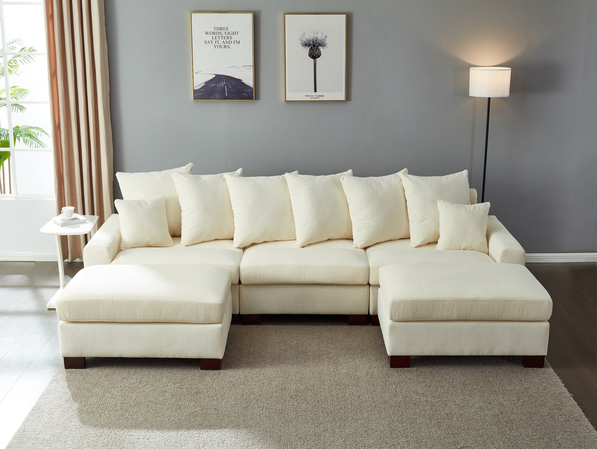 Modular Sectional Sofa,5 Seater Oversized Convertible L & U Shaped Couch, Corduroy Fabric Beige Wood Fabric 5 Seat