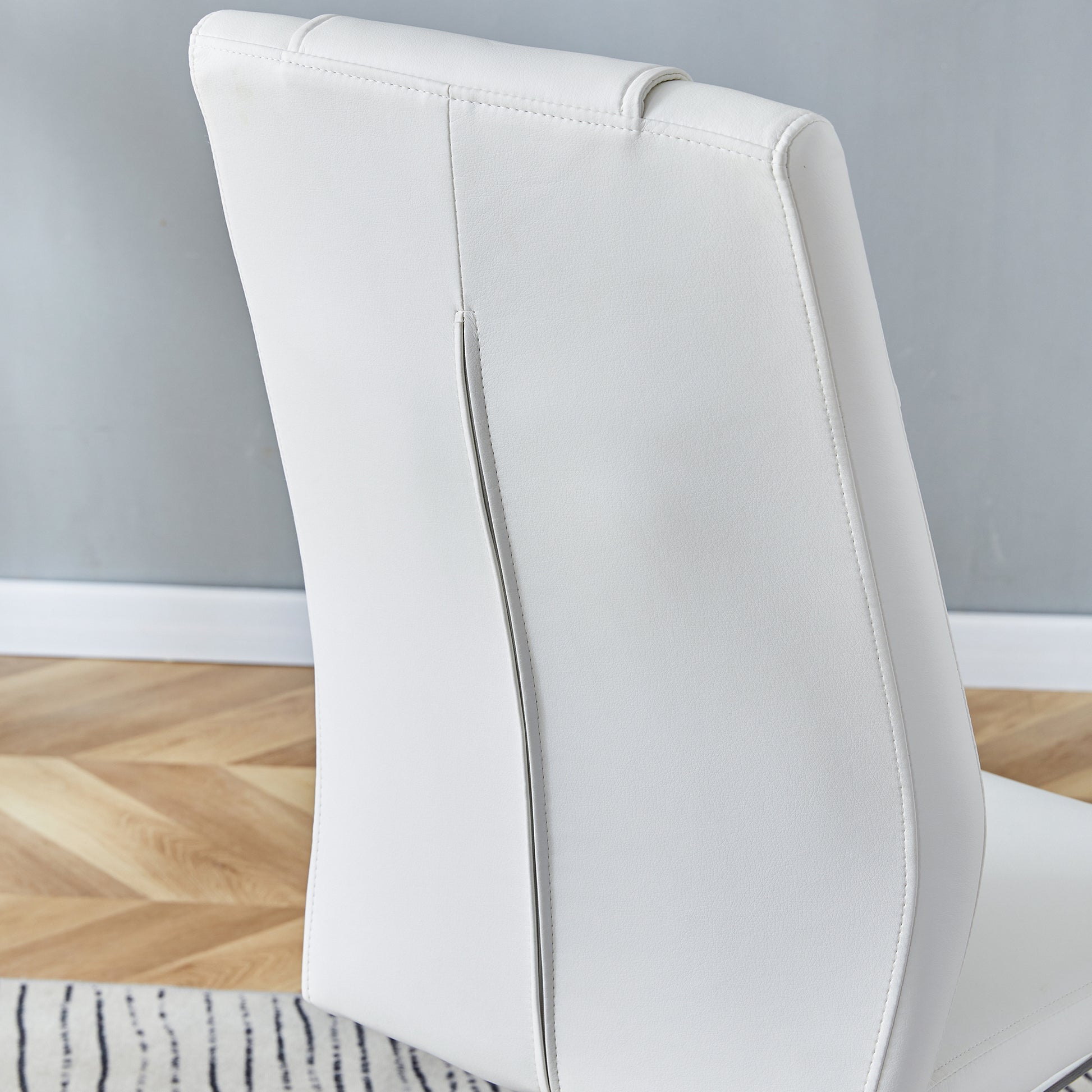 Table And Chair Set.Modern Rectangular Glass Dining Table With A Tempered Glass Tabletop And Silver Metal Legs, Paired With Multiple Chairs Designed With Pu Cushions And Silver Metal Legs. Silver White Seats 6 Tempered Glass