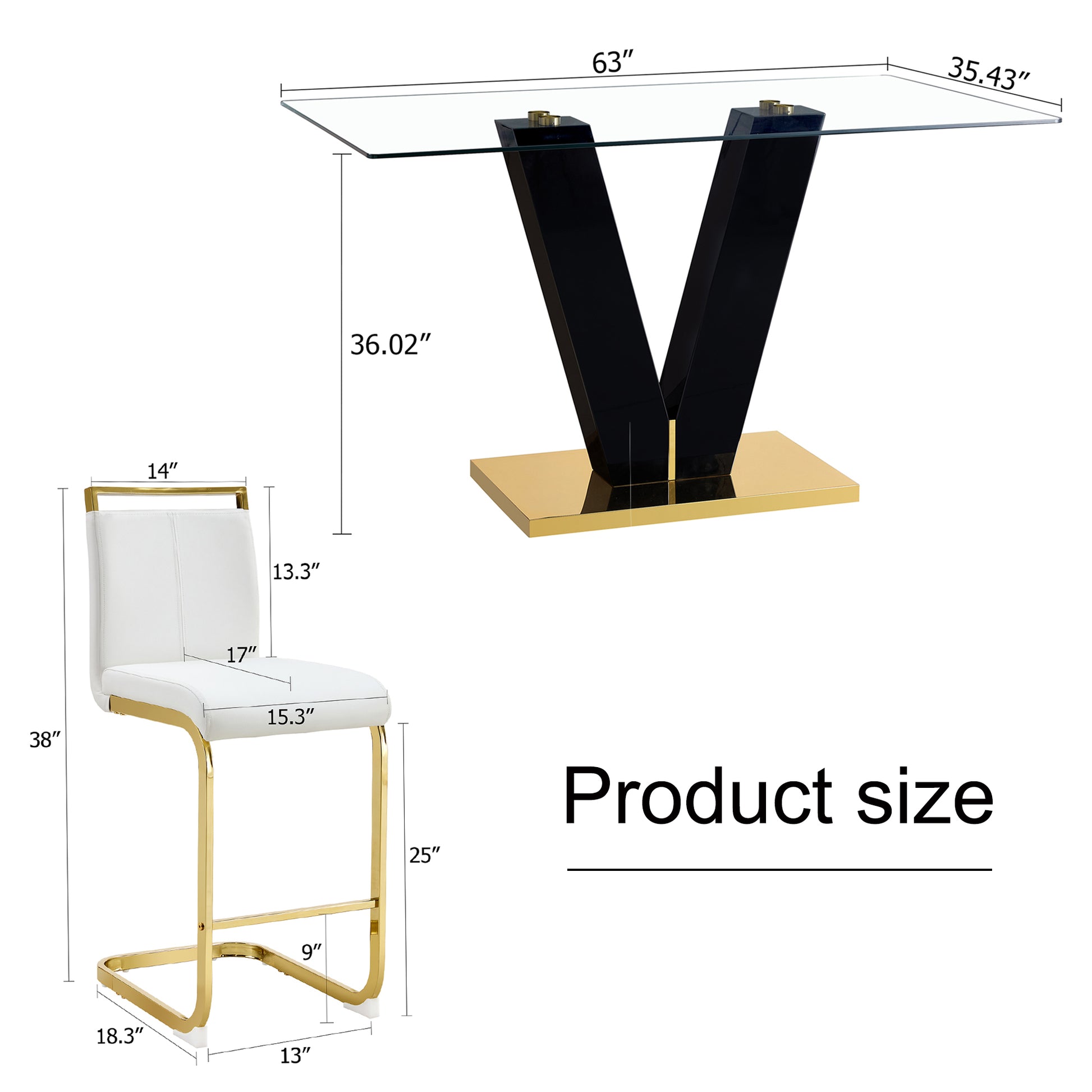 Table And Chair Set. A Rectangular Glass Dining Table With A 0.4 Inch Tempered Glass Tabletop And Mdf Board V Shaped Bracket, Paired With Chairs Consisting Of Pu Seat Cushions And Golden Metal Legs. White Black Seats 4 Tempered Glass