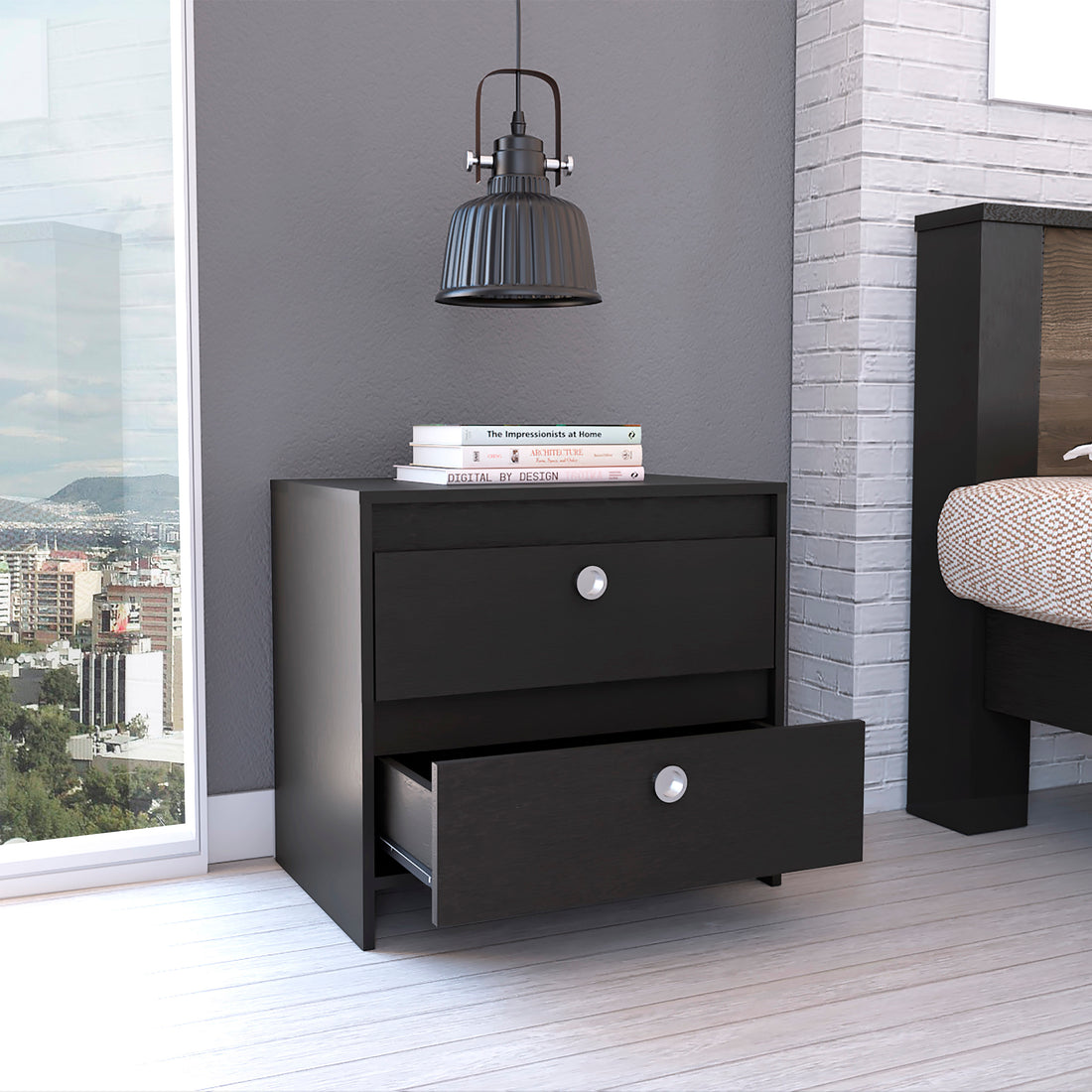 Lily Nightstand, Two Drawers Black Mdf Engineered Wood