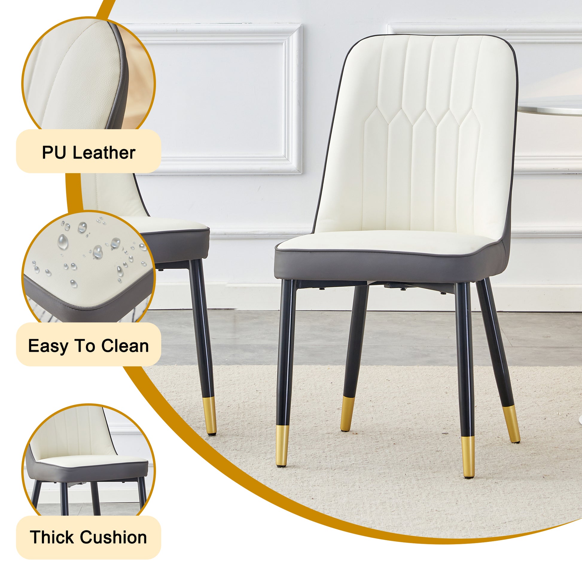 Table And Chair Set.Modern Rectangular Dining Table With Black Textured Stickers Glass Tabletop And Gold Plated Metal Legs.Paried With 6 Comfortable Chairs With Pu Seats And Black Metal Legs. Black