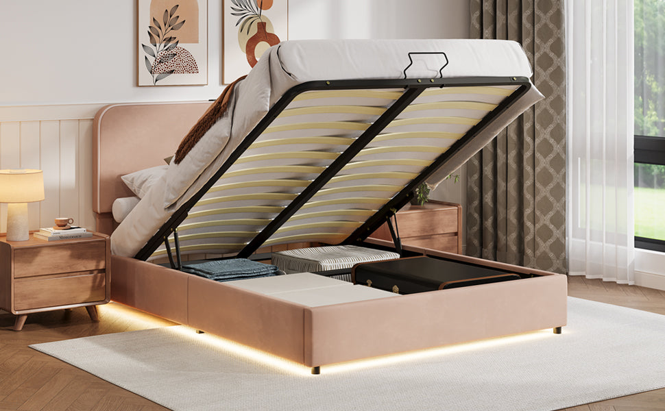 Upholstered Platform Queen Size Hydraulic Storage Bed, Lift Up Storage Bed With Rgb Led Light, Bluetooth Speaker, No Box Spring Needed, Lychee Velvet,Pink Queen Pink Velvet Fabric Metal