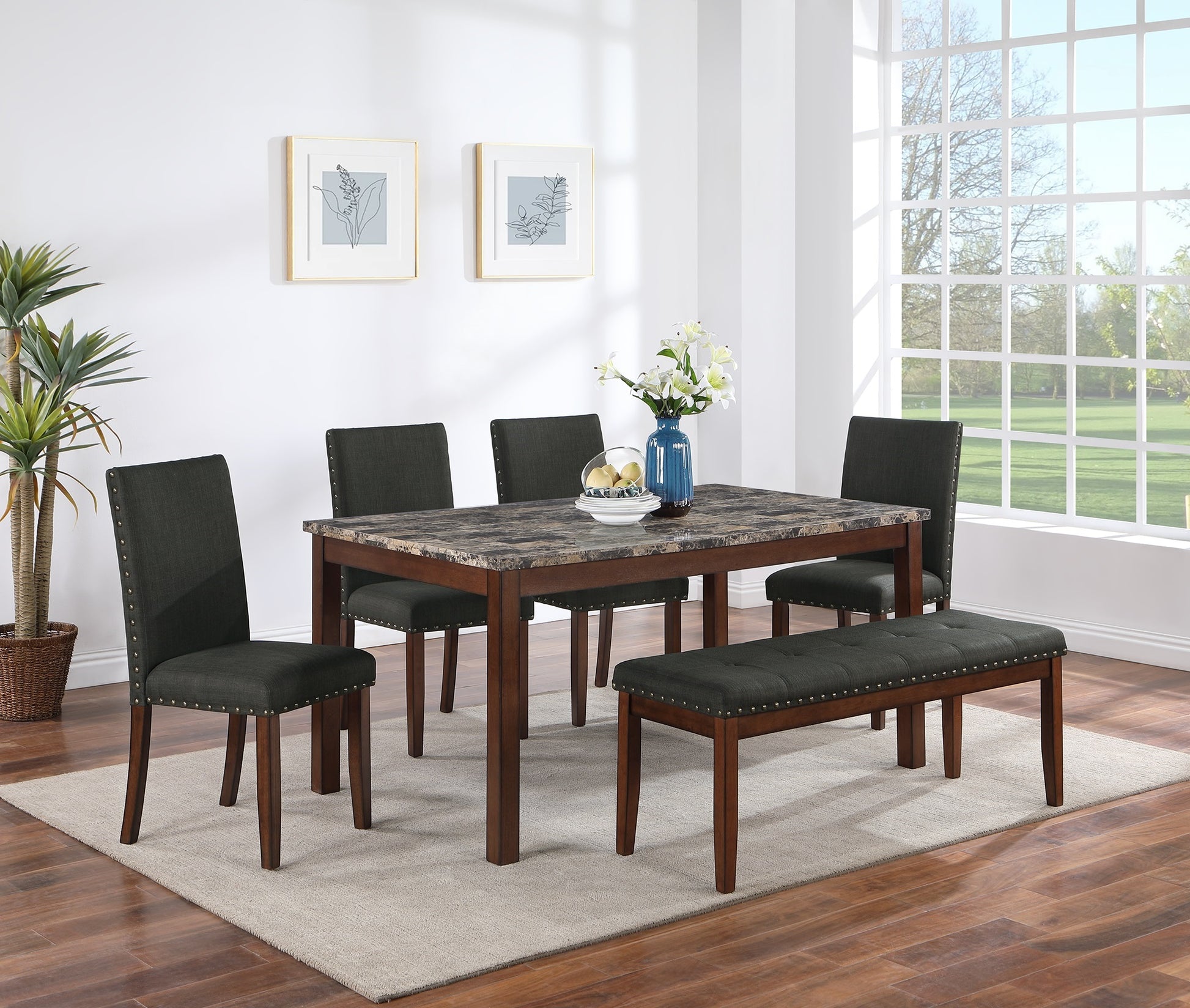 Dining Room Furniture Modern 6Pcs Set Dining Table 4X Side Chairs And A Bench Ash Black Polyfiber Rubberwood Nailheads Faux Marble Top Brown Wood Dining Room Bench Seating Rubberwood Rectangular Dining Table With Chair And Bench Wood Wood Multi Seats 6