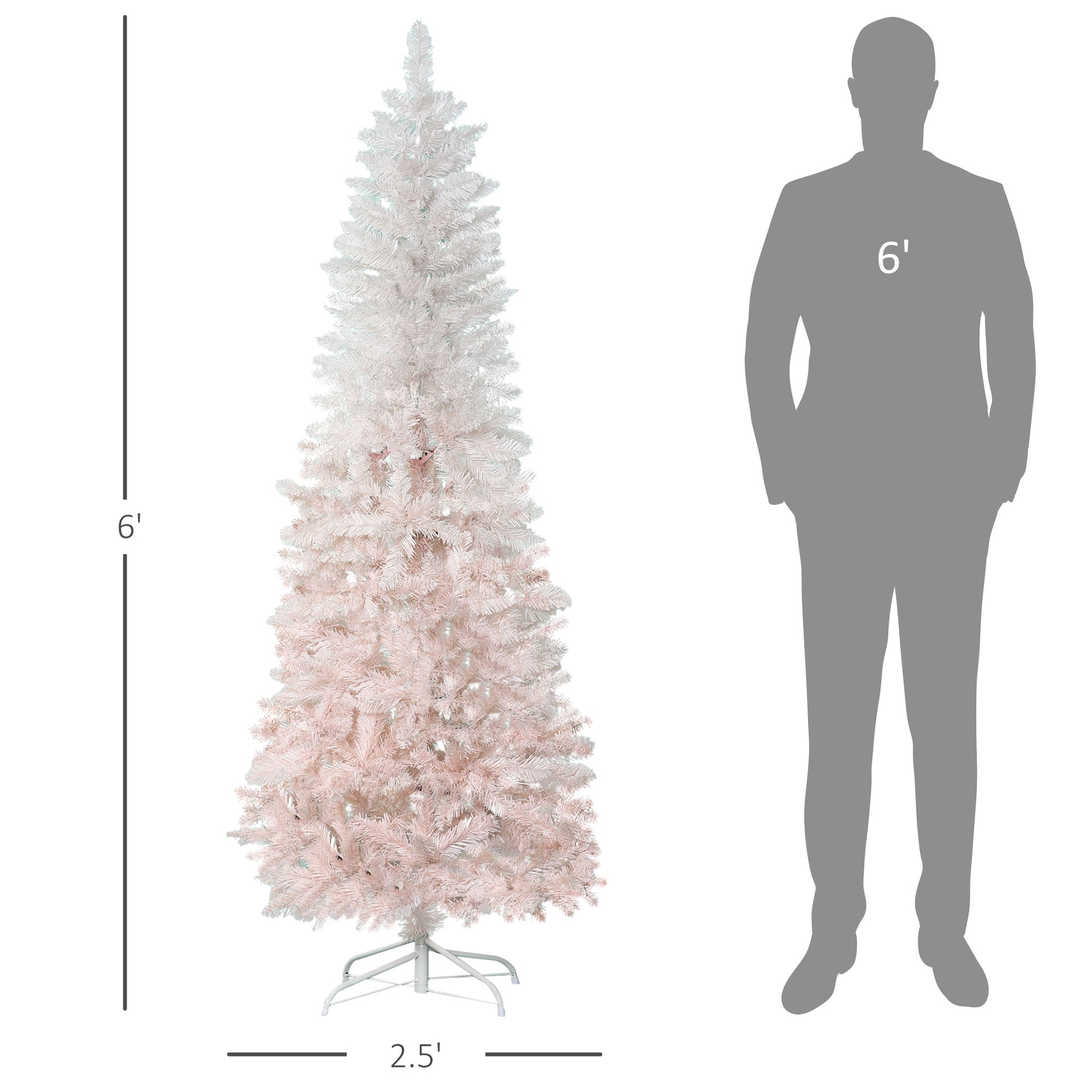 Homcom 6' Tall Unlit Pencil Fir Artificial Christmas Tree With Realistic Branches And Steel Base, Pink And White Pink Pvc