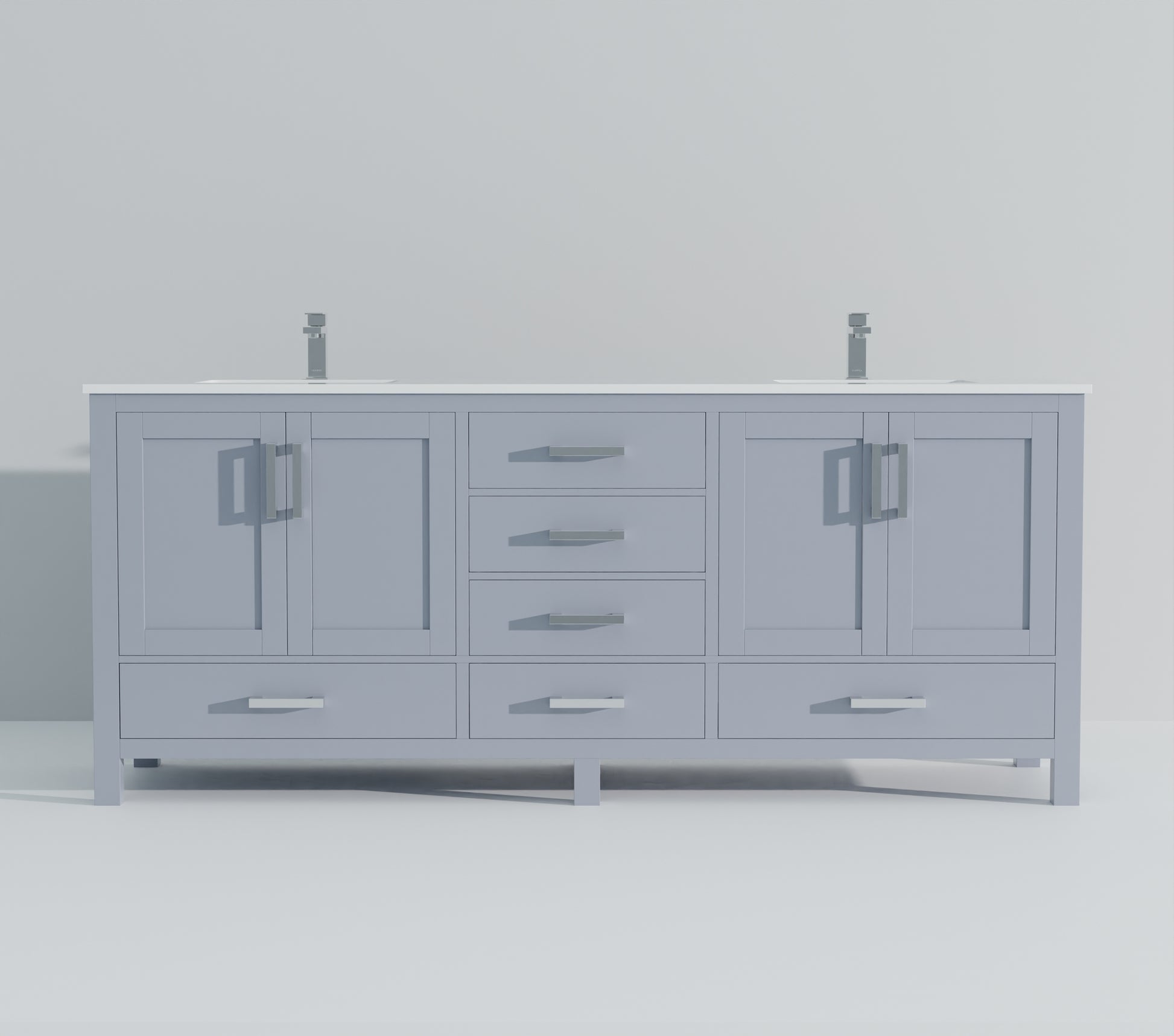 Dark Grey Double Bath Vanity 84 In. W X 22 In. D, White Quartz Top, And Faucet Set Dark Grey Plywood Wood