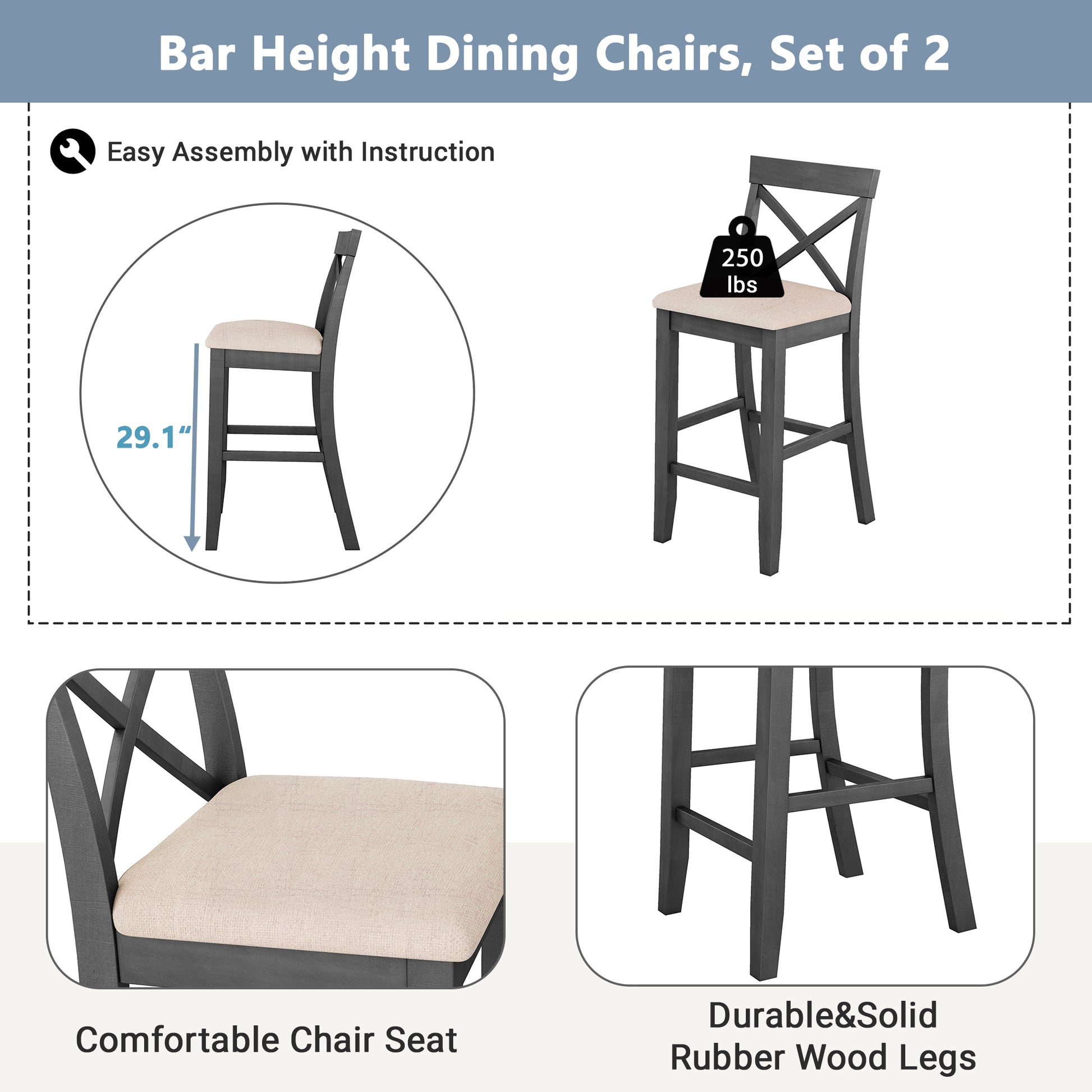 Farmhouse 48"Rectangular Wood Bar Height Dining Set Kitchen Breakfast Nook With 2 Chairs For Small Places,Gray Gray Wood Dining Room Solid Wood Acacia Rectangular Dining Table With Chair Upholstered