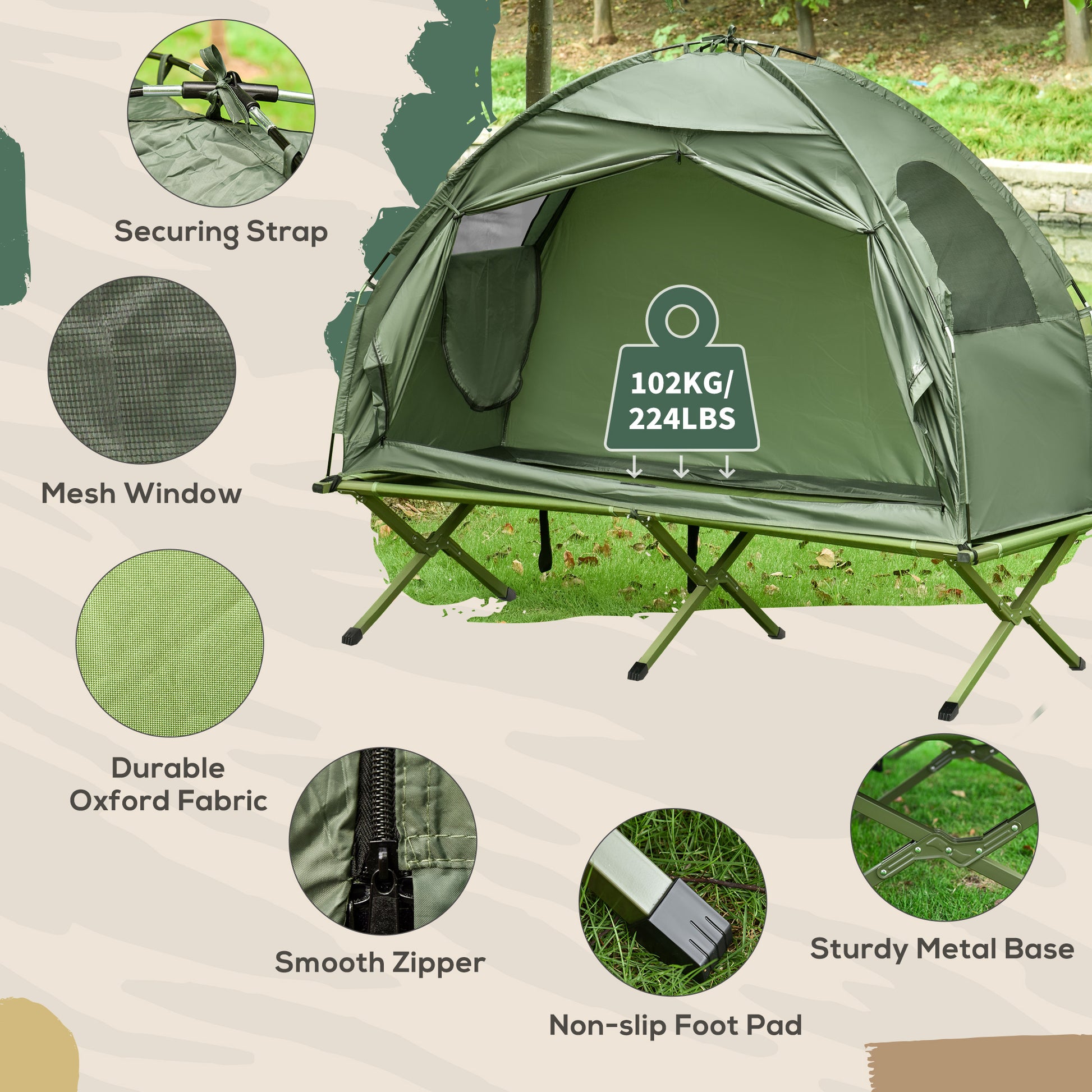 Outsunny Camping Tent Cot, Single Person Folding Cot Combo, Off Ground Tent, Covered Outdoor Bed With Carry Bag For Hiking, Camping Green Polyester