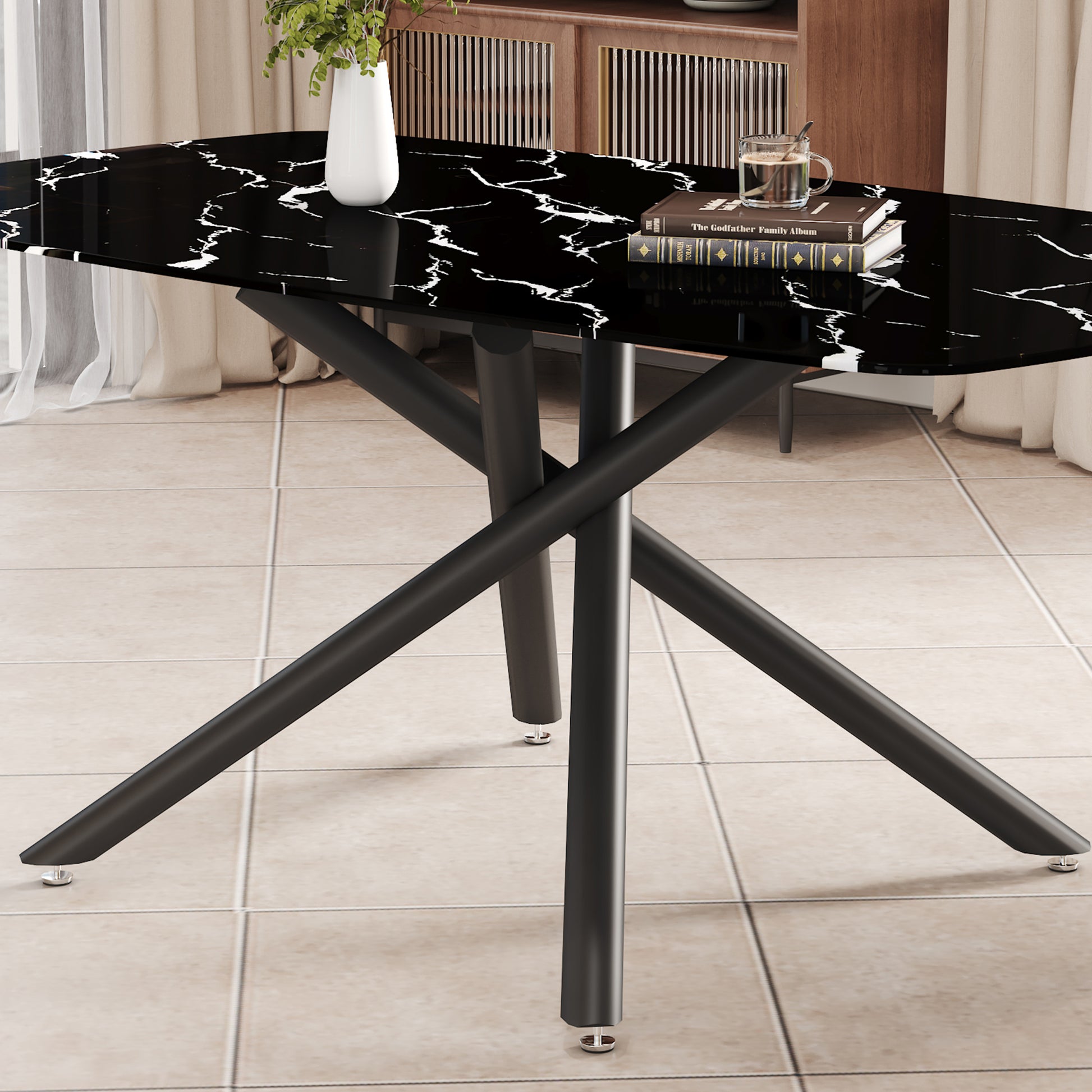 1 Table And 8 Chairs Set.A Rectangular Dining Table With A Imitation Marble Black Table Top And Black Metal Legs.Paired With 8 Chairs With Pu Leather Seat Cushion And Black Metal Legs.F 1537,C 007 Black Glass Metal