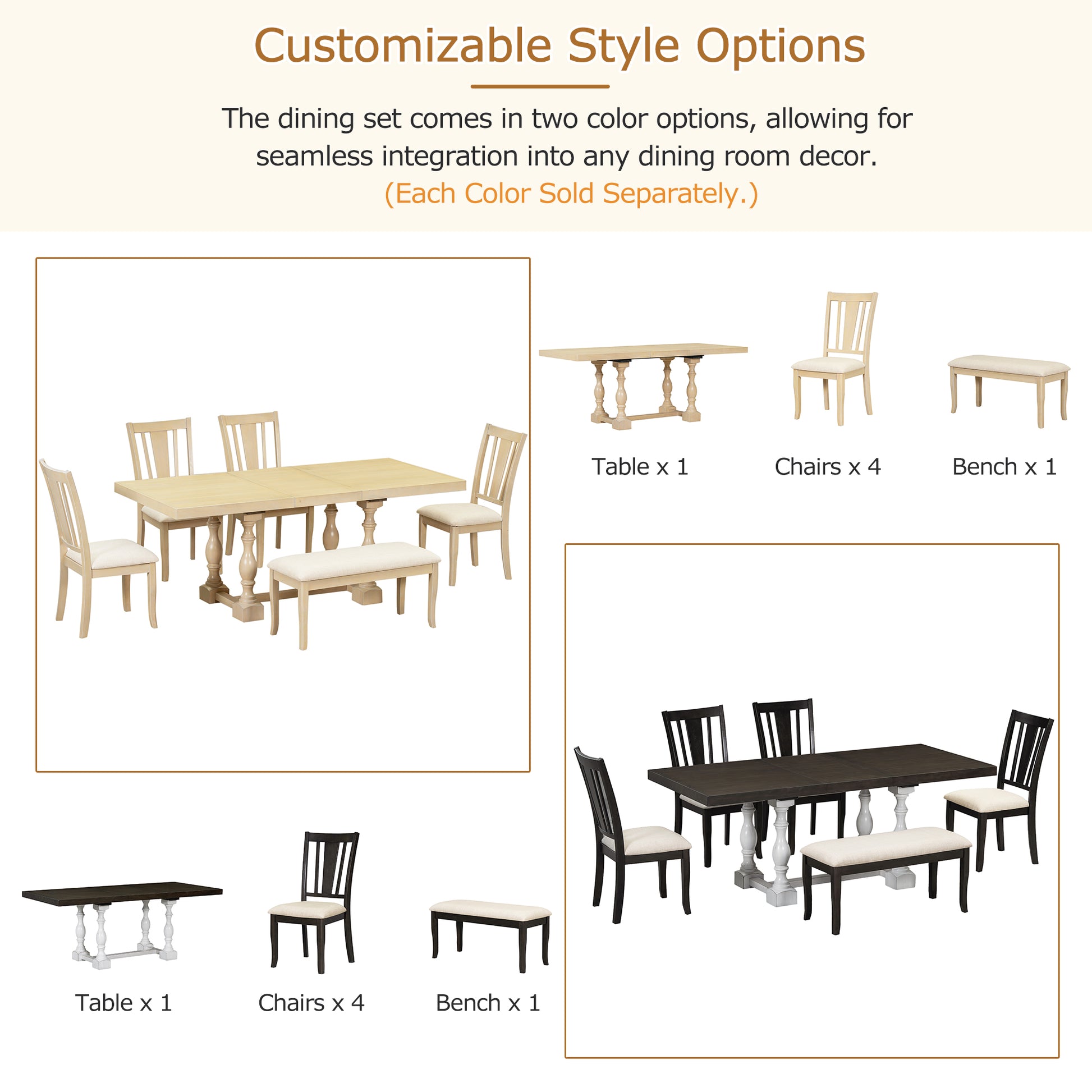 Traditional 6 Piece 78Inch Trestle Extendable Dining Table Set With One 18Inch Removable Leaf, Padded Dining Chairs And Bench,Natural Wood Dining Room Solid Wood Rubberwood Rectangular Dining Table With Chair And Bench Upholstered Chair Wood Natural Slat