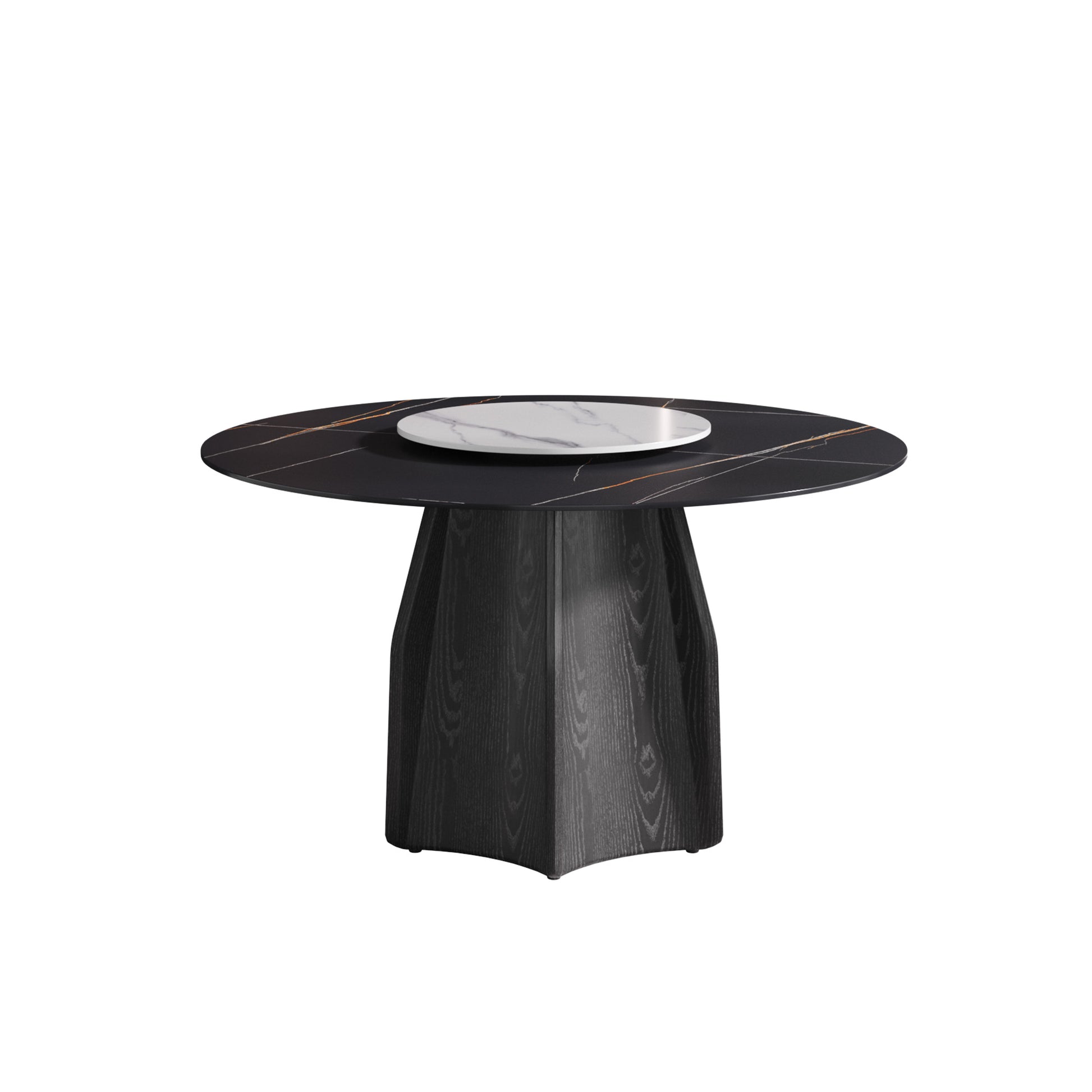 53" Round Marble Dining Table With Black Textured Solid Wood Base, Artificial Marble For 6 People, 23.62"White Artificial Stone Turntable,Black&White Dining Table Only Black,White Dining Room Modern