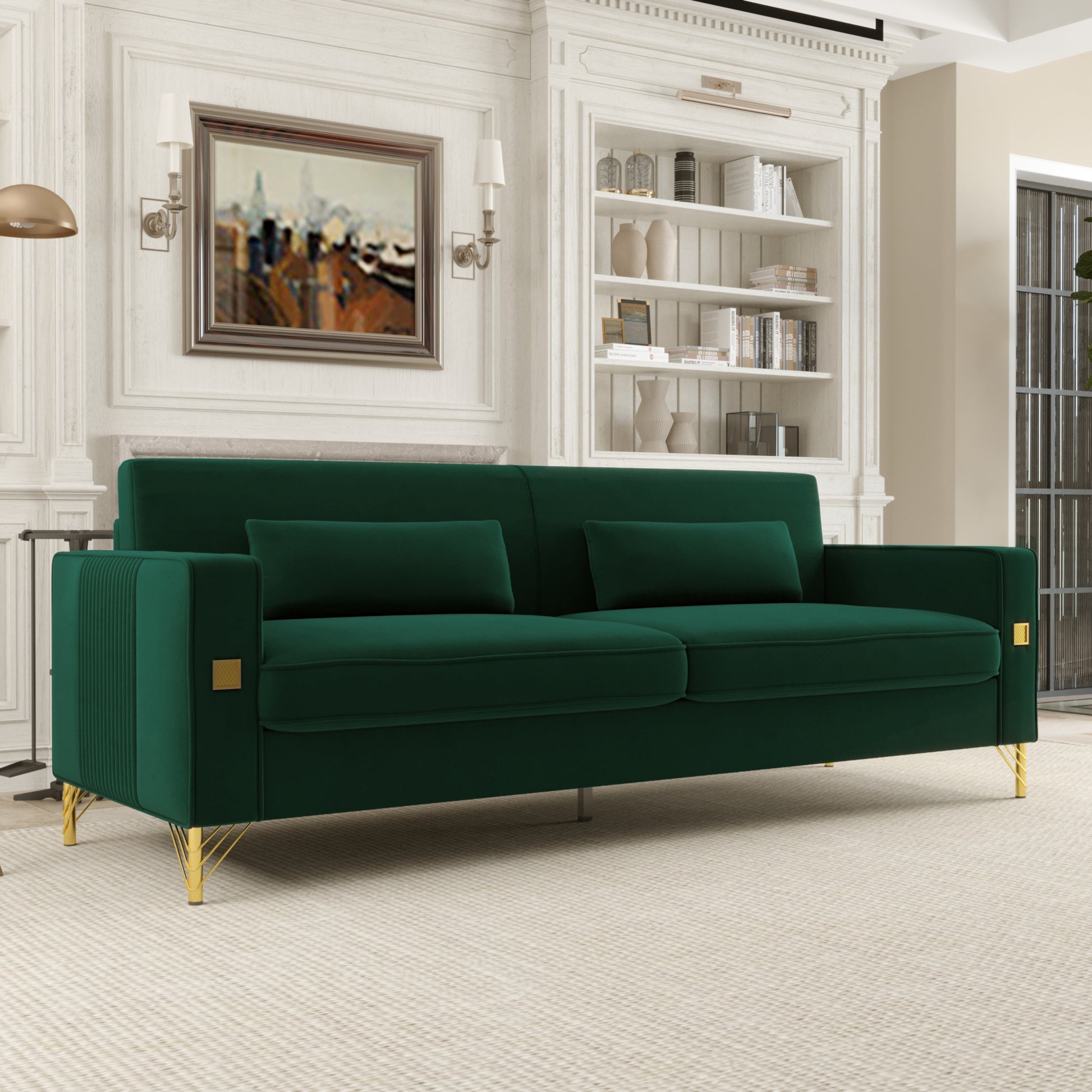 Fx P18 Rg2 Sofa Luxury Emerald Green Velvet Sofa With Gold Accents Modern 3 Seat Couch With Plush Cushions, Perfect For Living Room And Office Decor Retro Green Velvet 2 Seat