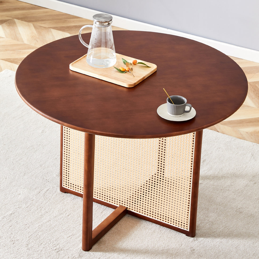 Chinese Countryside Retro Solid Wood Round Table, Simple Modern Imitation Rattan Table, Wooden Table, Desk. Suitable For Dining Room, Living Room, Office Walnut Rubber Wood