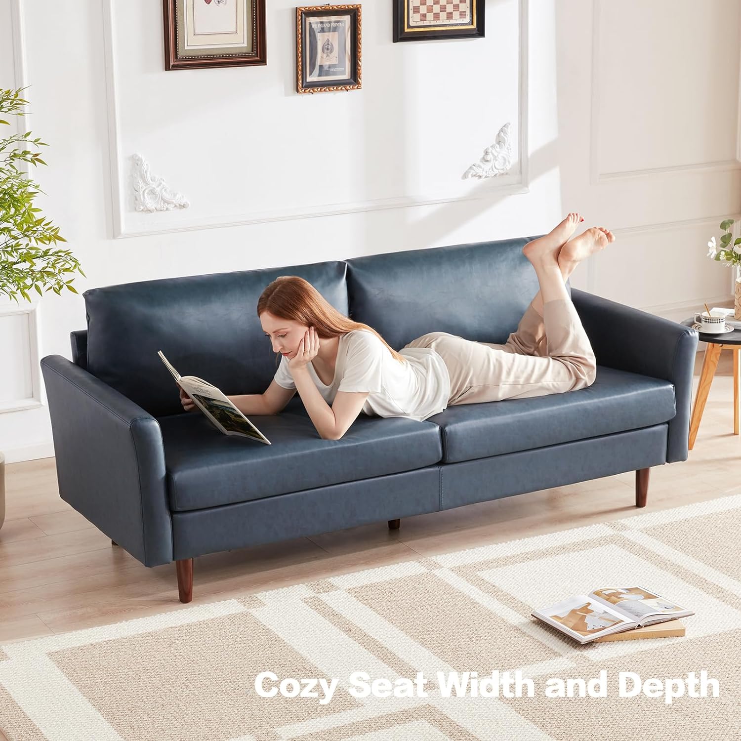 80'' Faux Leather Sofa, 3 Seater Leather Couch With Cozy Wide Seats And Padded Cushions, Mid Century Modern Loveseat Couches For Living Room, Easy Assembly, Blue Light Brown Wood Primary Living Space Heavy Duty Acacia 3 Seat Peacock Blue Faux Leather