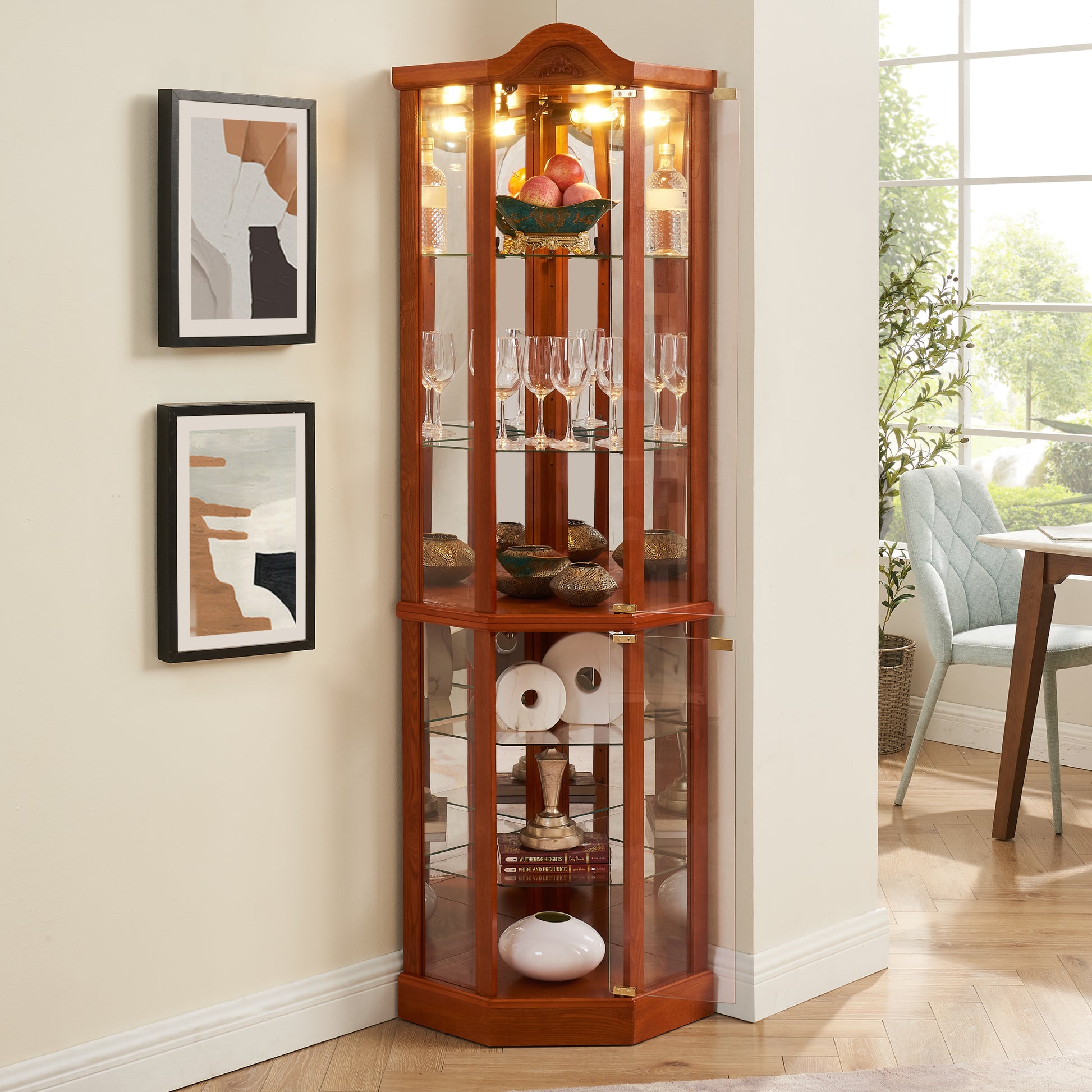 Glass Cabinet Lighted Corner Cabinet Corner Display Curio Cabinet, Glass Display With Light Included Bar Cabinet,Wine Cabinet With Adjustable Glass Shelves Carved Decoration Oak Light Included Oak Mdf Glass