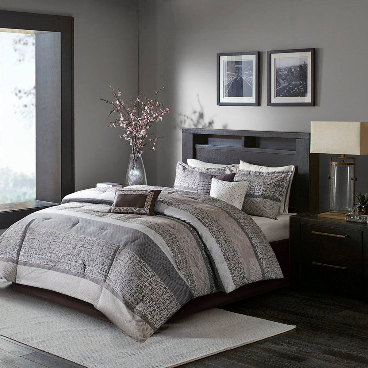 7 Piece Jacquard Comforter Set Grey Taupe Queen Queen Grey Taupe Polyester