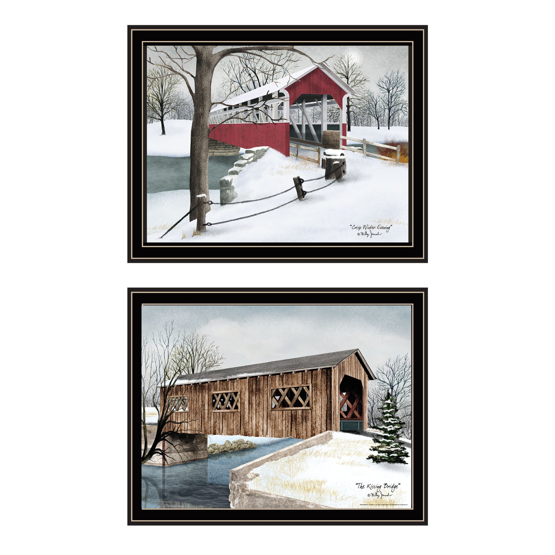 2 Piece Vignette Winter Covered Bridges Black Framed Wall Art For Living Room, Bedroom Wall Art Print For Home Decor By Billy Jacobs Multicolor Wood Paper