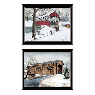 2 Piece Vignette Winter Covered Bridges Black Framed Wall Art For Living Room, Bedroom Wall Art Print For Home Decor By Billy Jacobs Multicolor Wood Paper