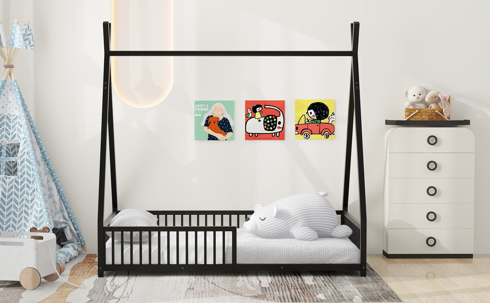 Metal Twin Size House Platform Bed With Triangle Structure And Guardrail, Black Box Spring Not Required Twin Black Metal Metal