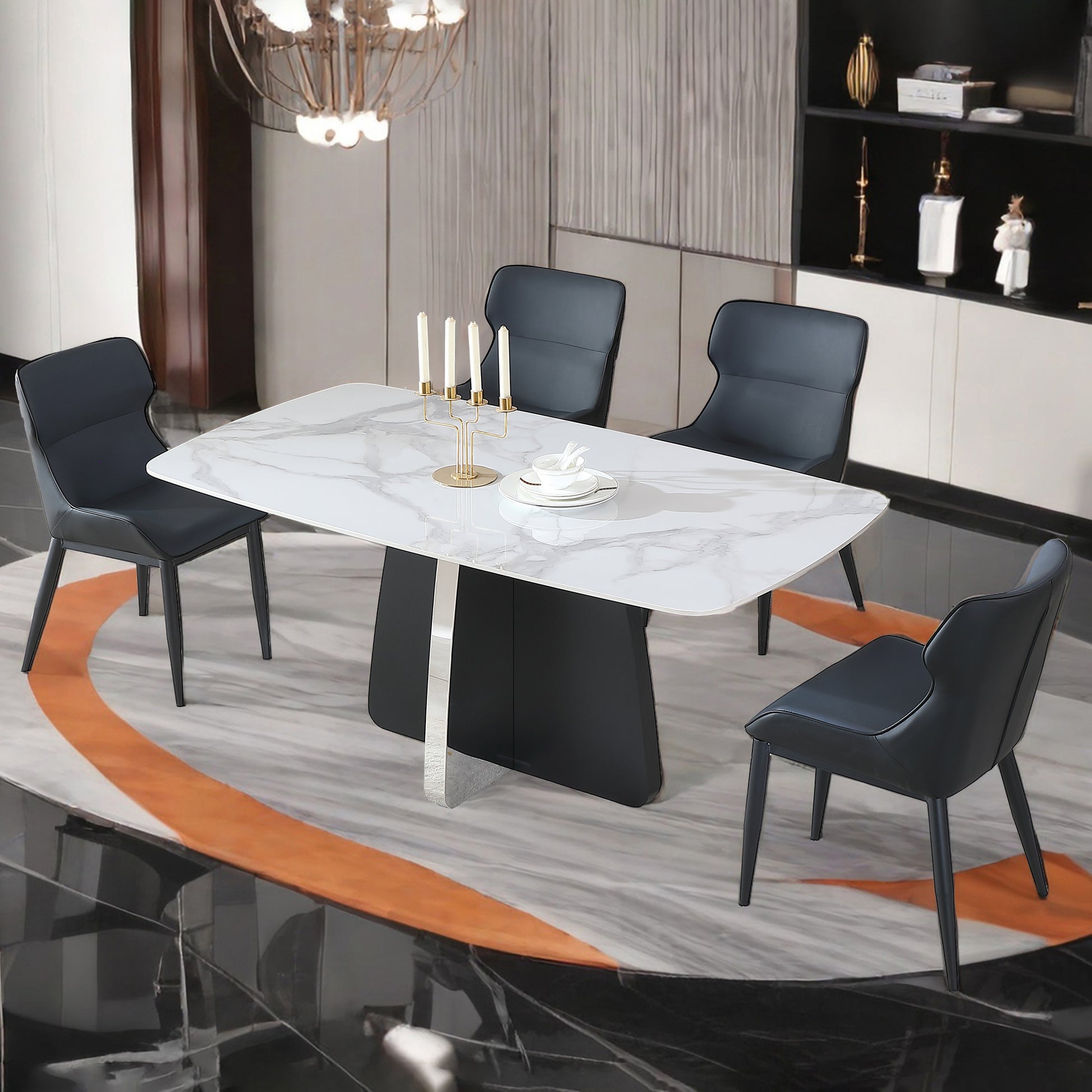 Modern Dining Table For 4, White Dining Table Sintered Stone Dining Table Top With Stainless Steel Base, 63 Inch Modern Luxury White Rectangular Dining Table 4 Chairs Black Dark Walnut Dining Room