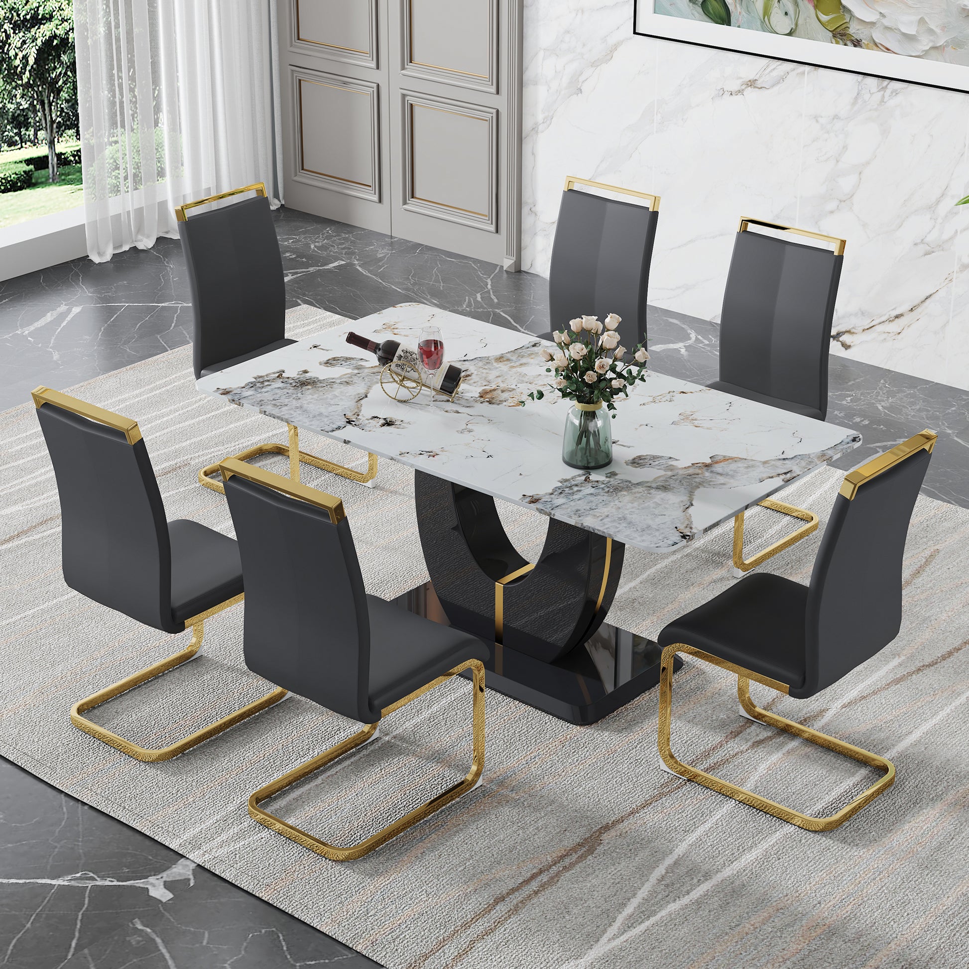 Table And Chair Set, Modern Dining Table, Patterned Table Top And Black Mdf Table Leg, Soft And Comfortable Dining Chair, Perfect For Dinner, Meetings, Home And Office Decor Black Grey Mdf Glass