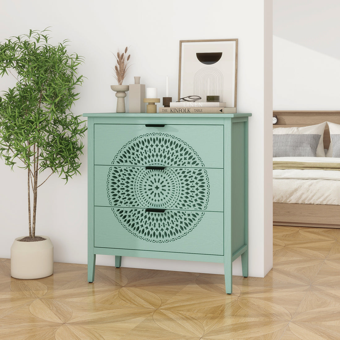 3 Drawer Cabinet With Hollow Carved 3 Drawer Dresser Storage Chest With Metal Handles For Entryway Living Room Bedroom Light Green American Design Mdf