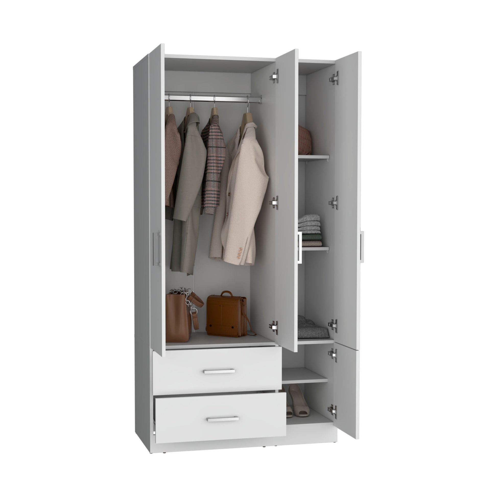 Sebree 71" High Armoire Wardrove Closet With 2 Drawers, Four Doorsthree Cabinetsix Shelves And Hanging Rod, Bedroom Clothes Storage Cabinet Organizer White Bedroom Modern Particle Board