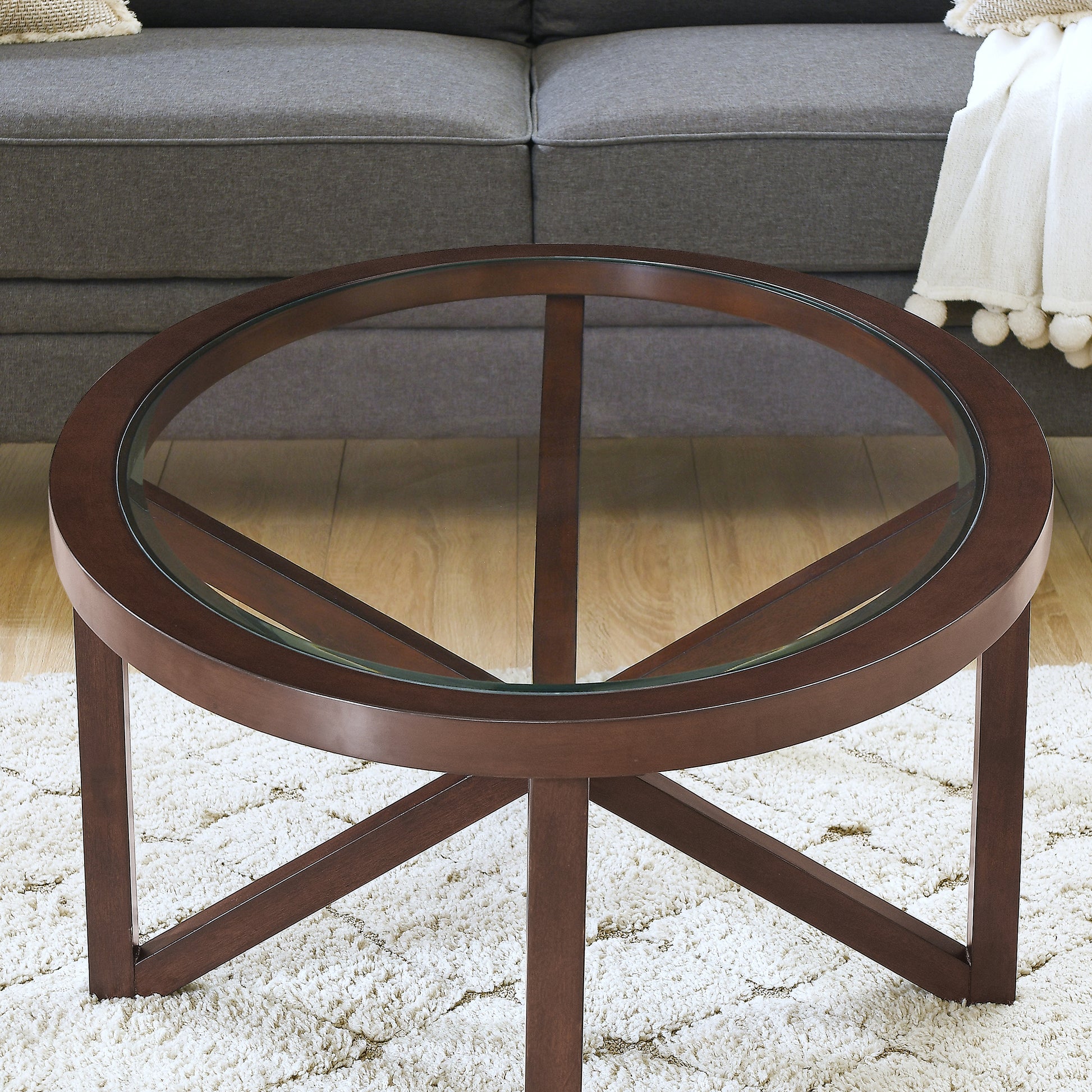 Modern Simple Glass Coffee Table, Tempered Glass Coffee Table Solid Wood Base Round Transparent Glass Top Modern Living Room Terrace Study Coffee Table Cherry Wood Glass