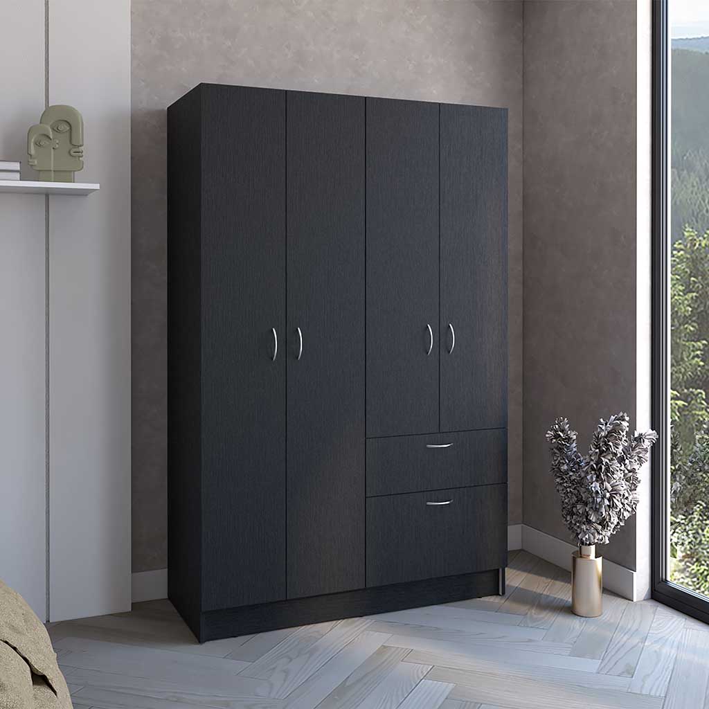 Armoire, Double Door Cabinet, One Drawer, Five Interior Shelves, Rod, Black White Multicolor Solid Wood Mdf Engineered Wood