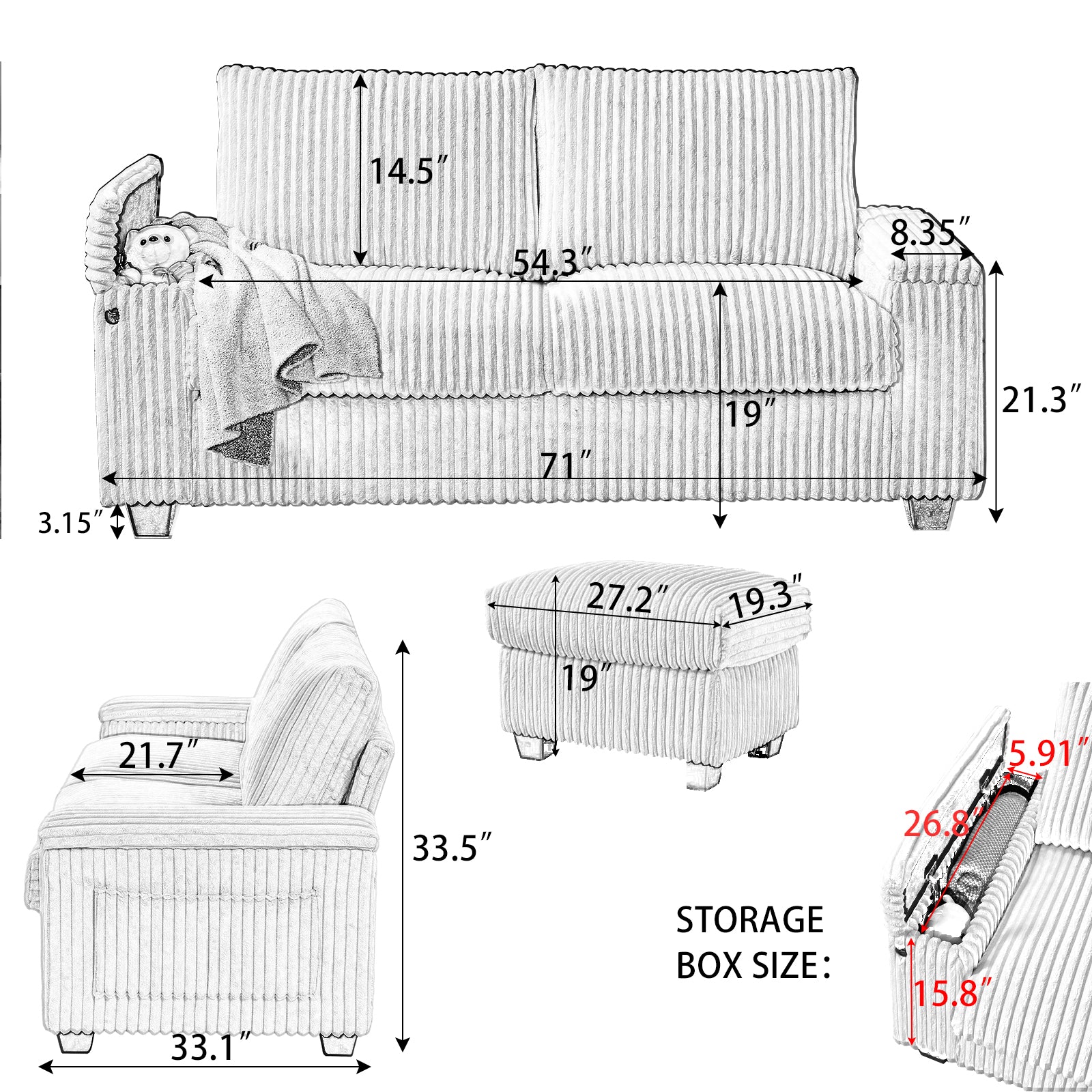 27.2 Inch Corduroy Fabric Ottoman Removeable Seat Cushion Beige Do Not Include Sofa Beige Fabric