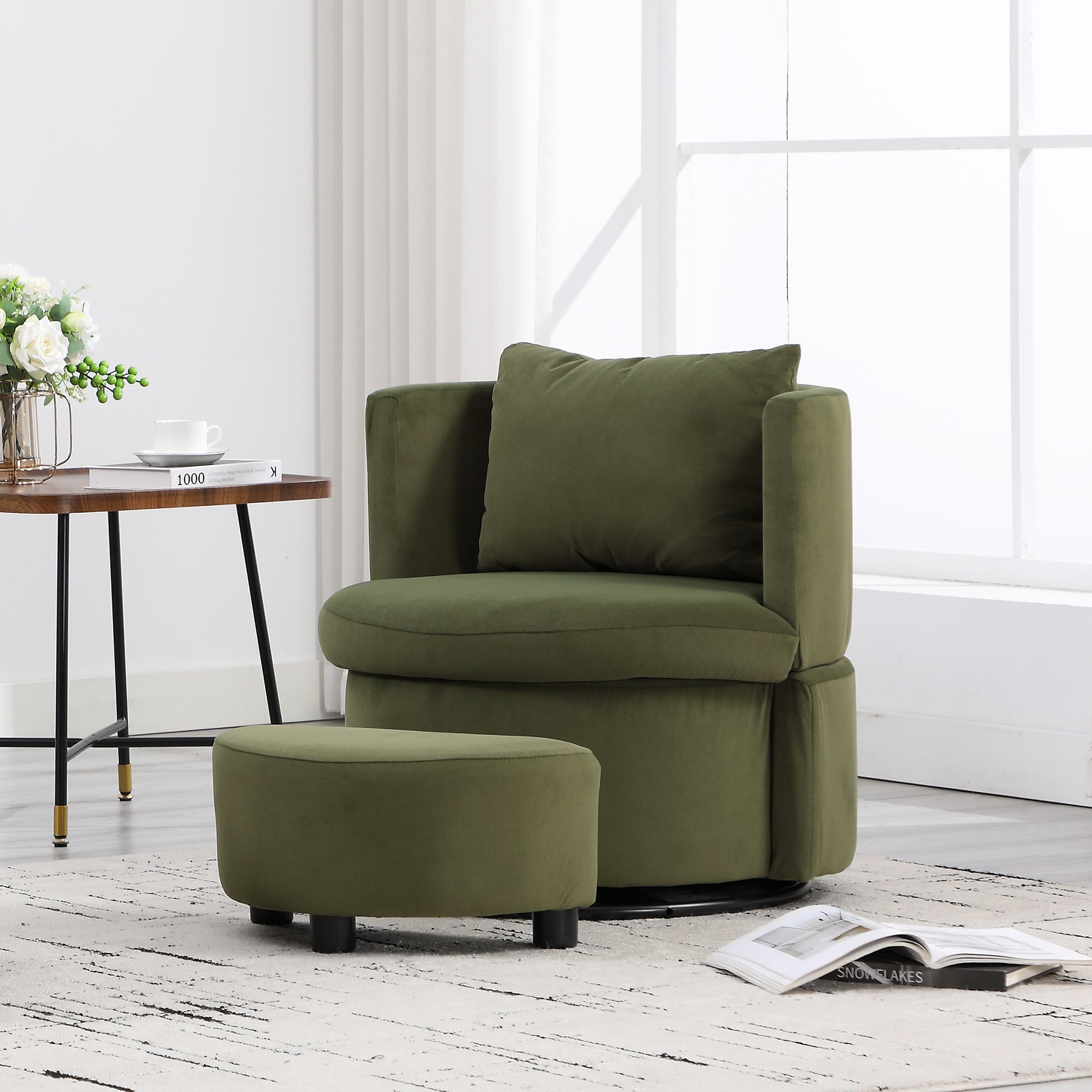 Upholstered Barrel Accent Chair With Ottoman, Living Room Side Chair With Storage, Single Sofa Armchair Olive Primary Living Space Foam Wood