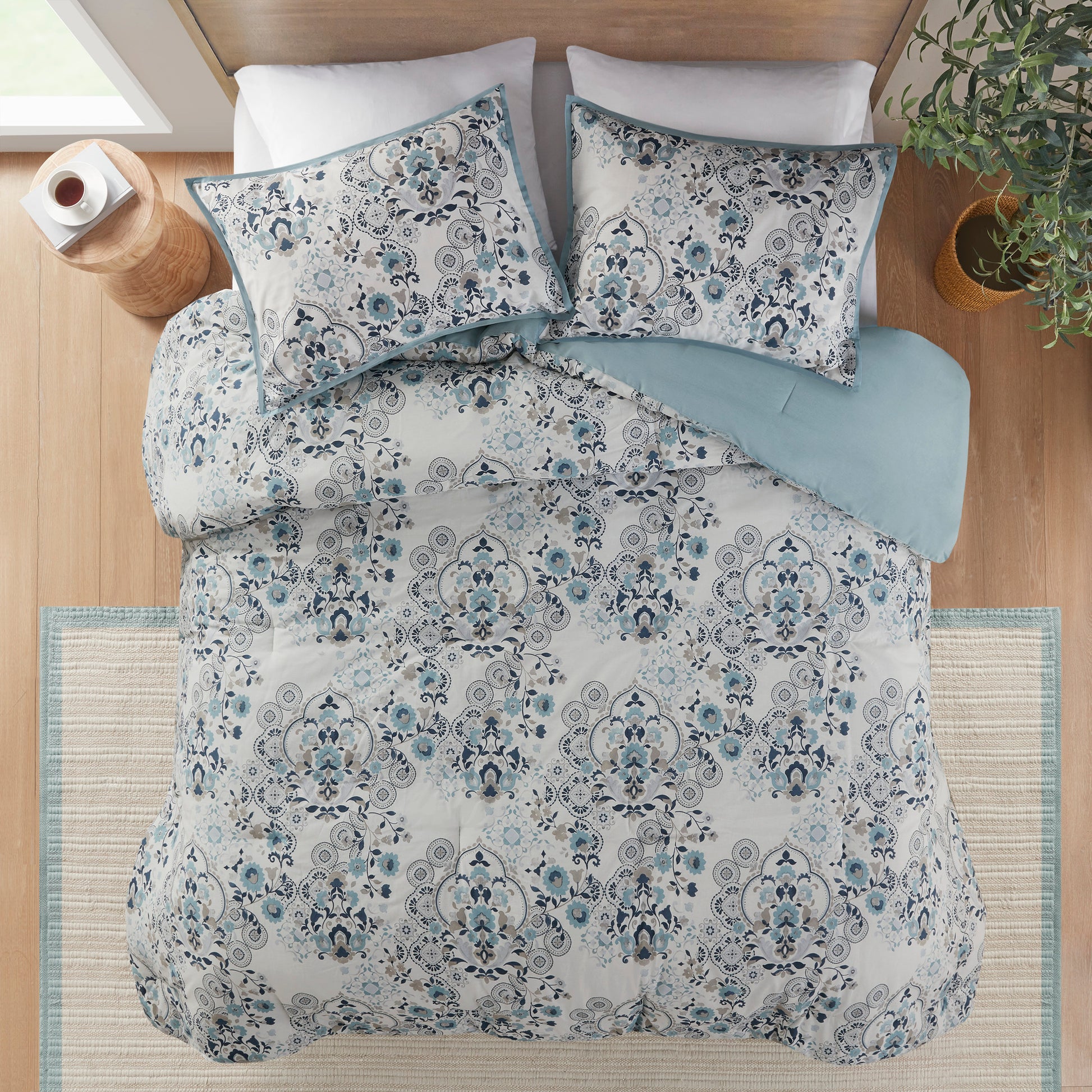 3 Piece Floral Printed Cotton Comforter Set Blue King Cal King King Blue Cotton