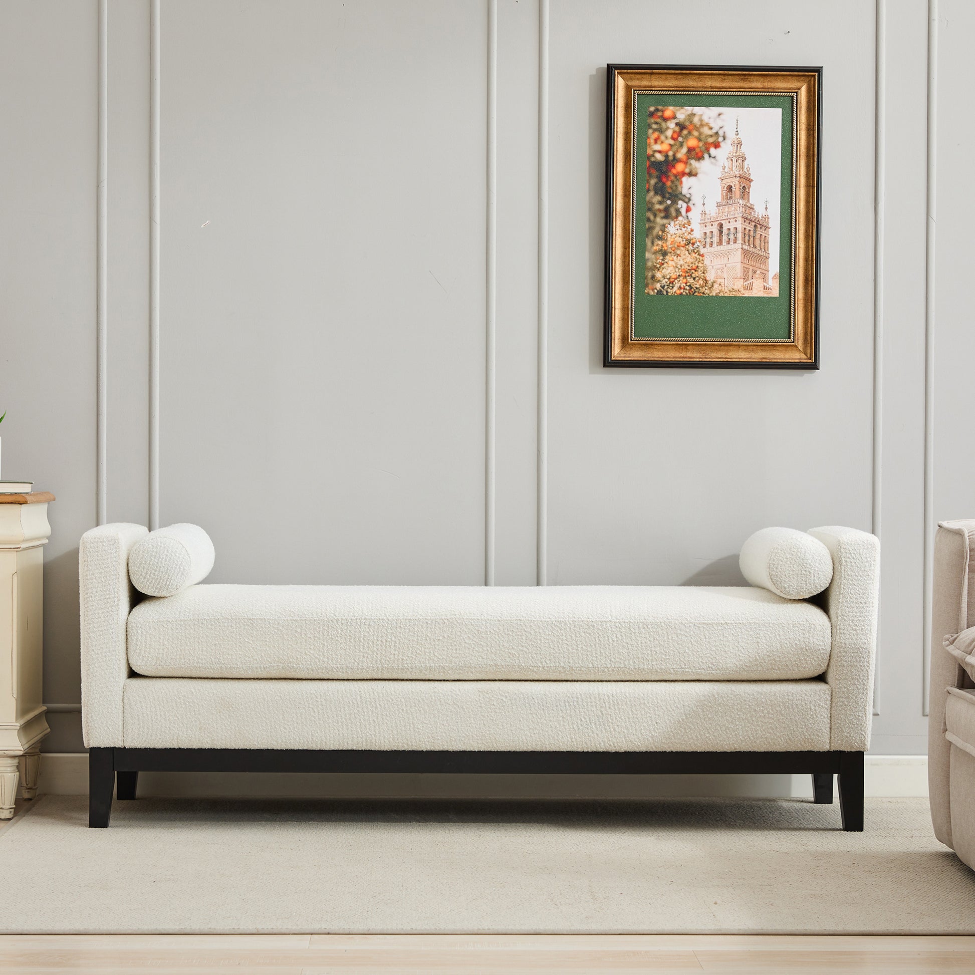 66.34"W Elegant Upholstered Bench,Daybed, Ottoman With Wood Legs & 2 Bolster Pillows For End Of Bed, Bedroom, Living Room, Entryway,Ivory Boucle Ivory Boucle