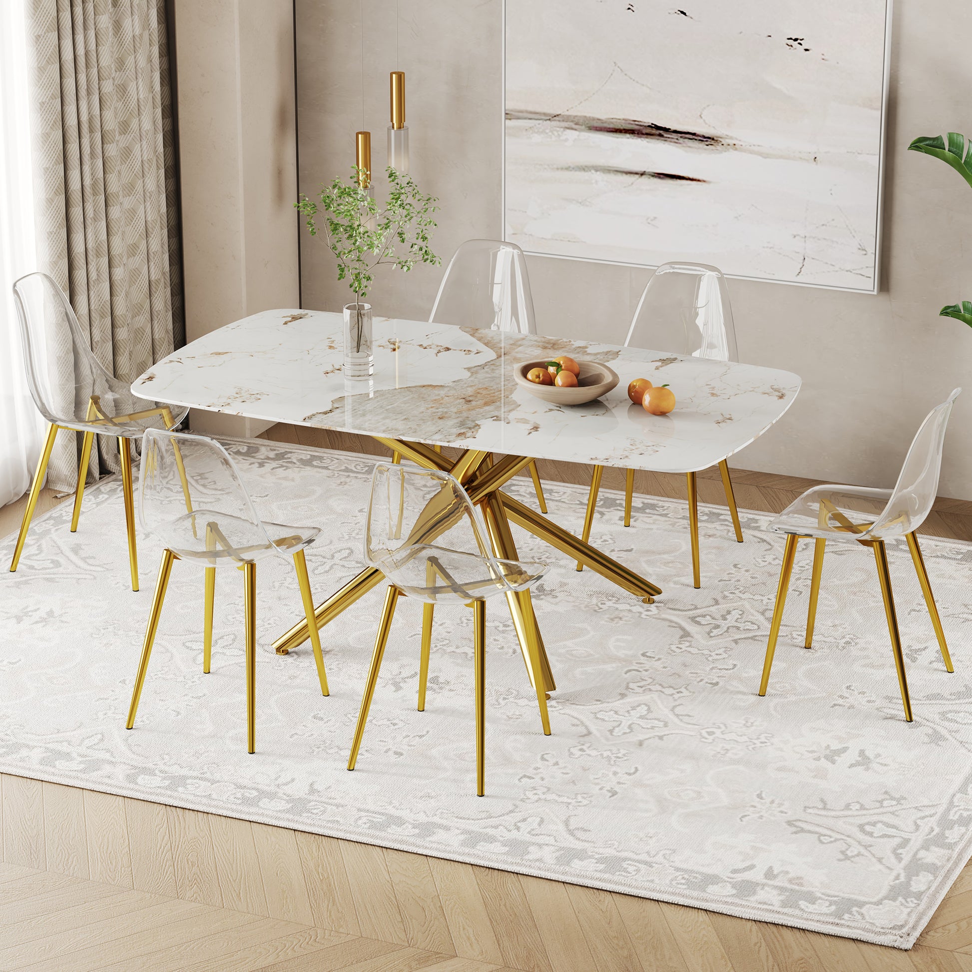 Table And Chair Set.Modern Luxurious White Marble Patterned Tempered Glass Dining Table Set With Transparent Pp Chairs.6 Transparent High Quality Pp Dining Chairs With Golden Legs. White Gold Seats