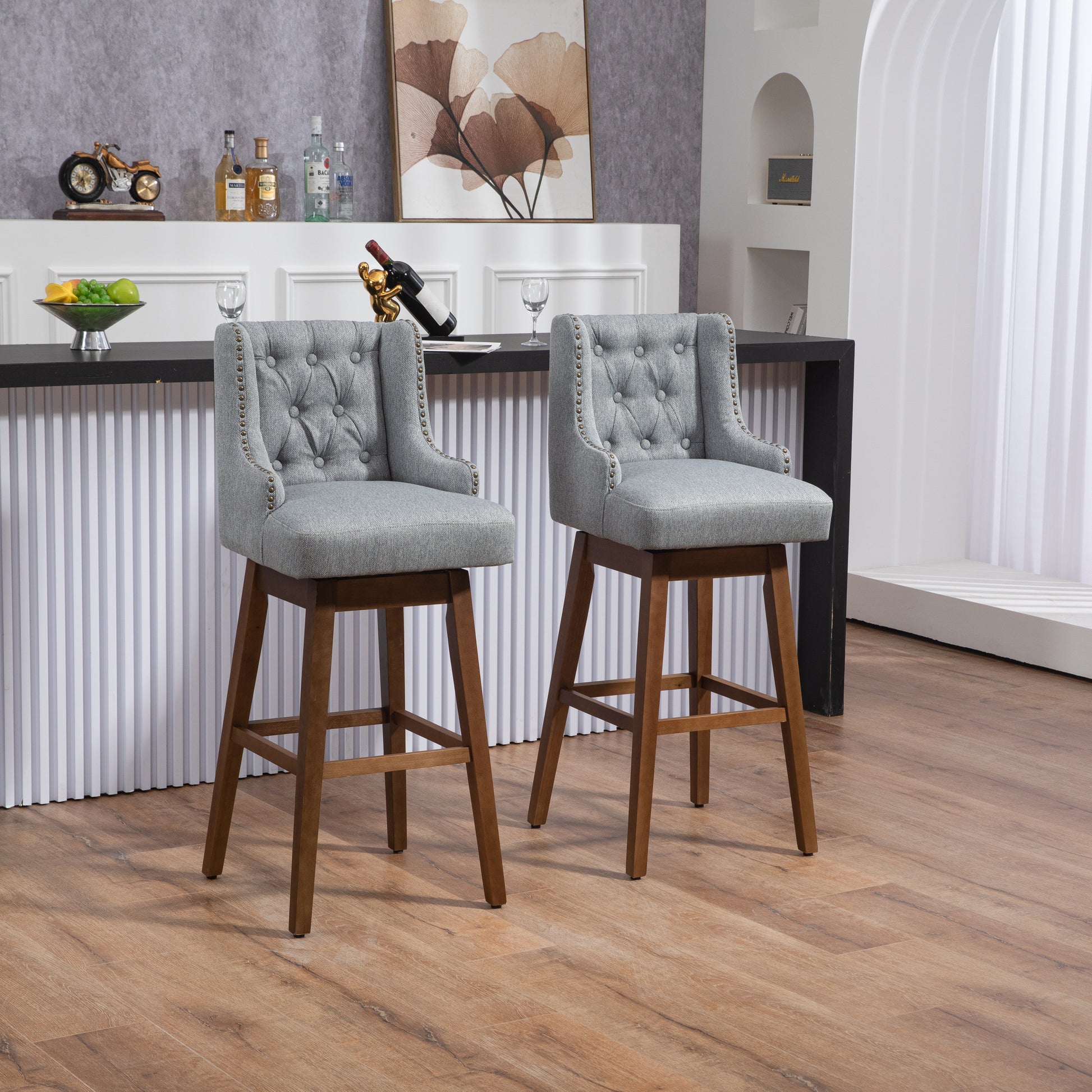 Coolmore Bar Stools Set Of 2 Counter Height Chairs With Footrest For Kitchen, Dining Room And 360 Degree Solid Wood Legs Swivel Bar Stools Set Of 2 Gray Linen Gray Foam Linen