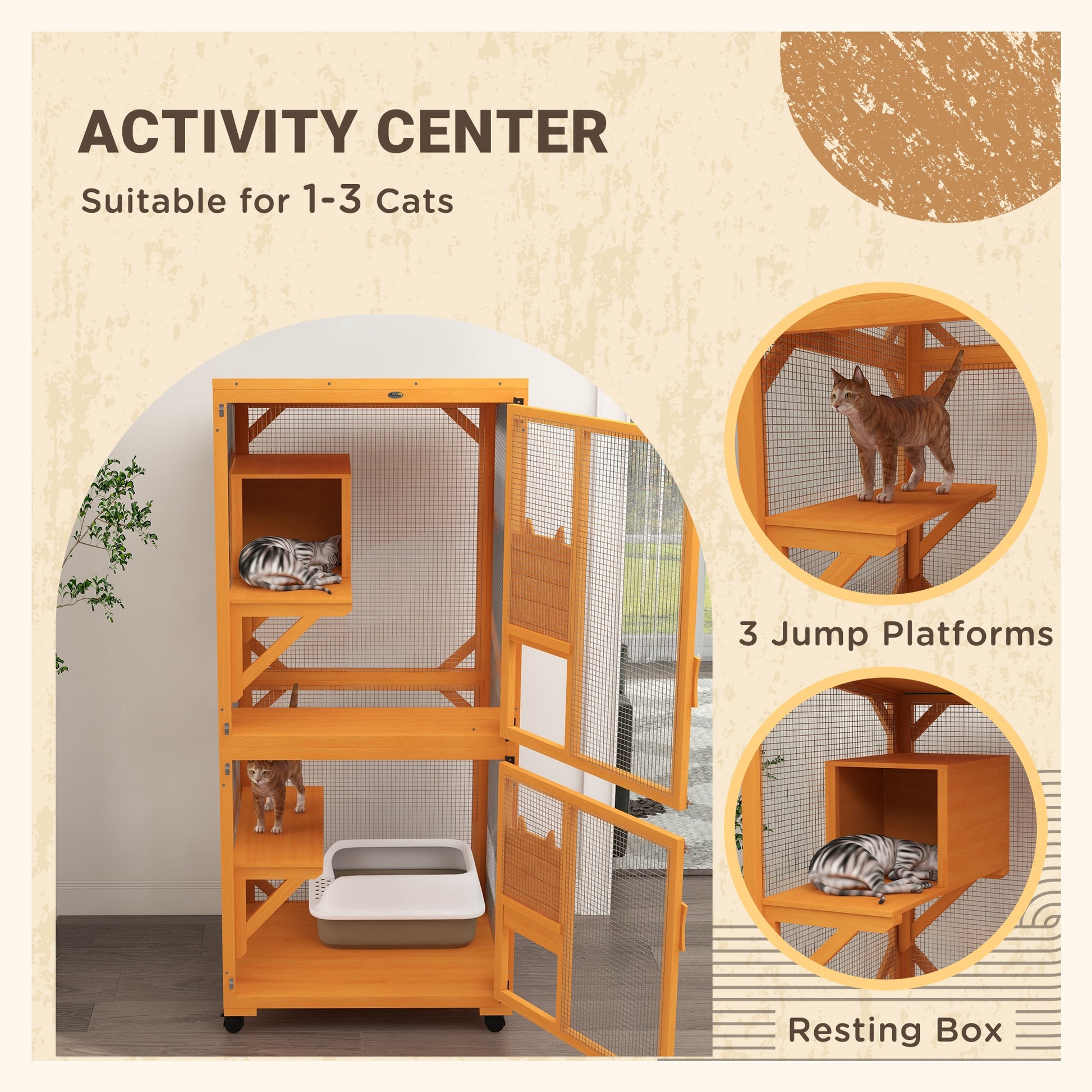 Pawhut Large Cat House With High Up Resting Box, 71" Wooden Catio With Asphalt Roof, Indoor & Outdoor Cat Enclosure On Wheels, For 1 3 Cats, Orange Orange Wood