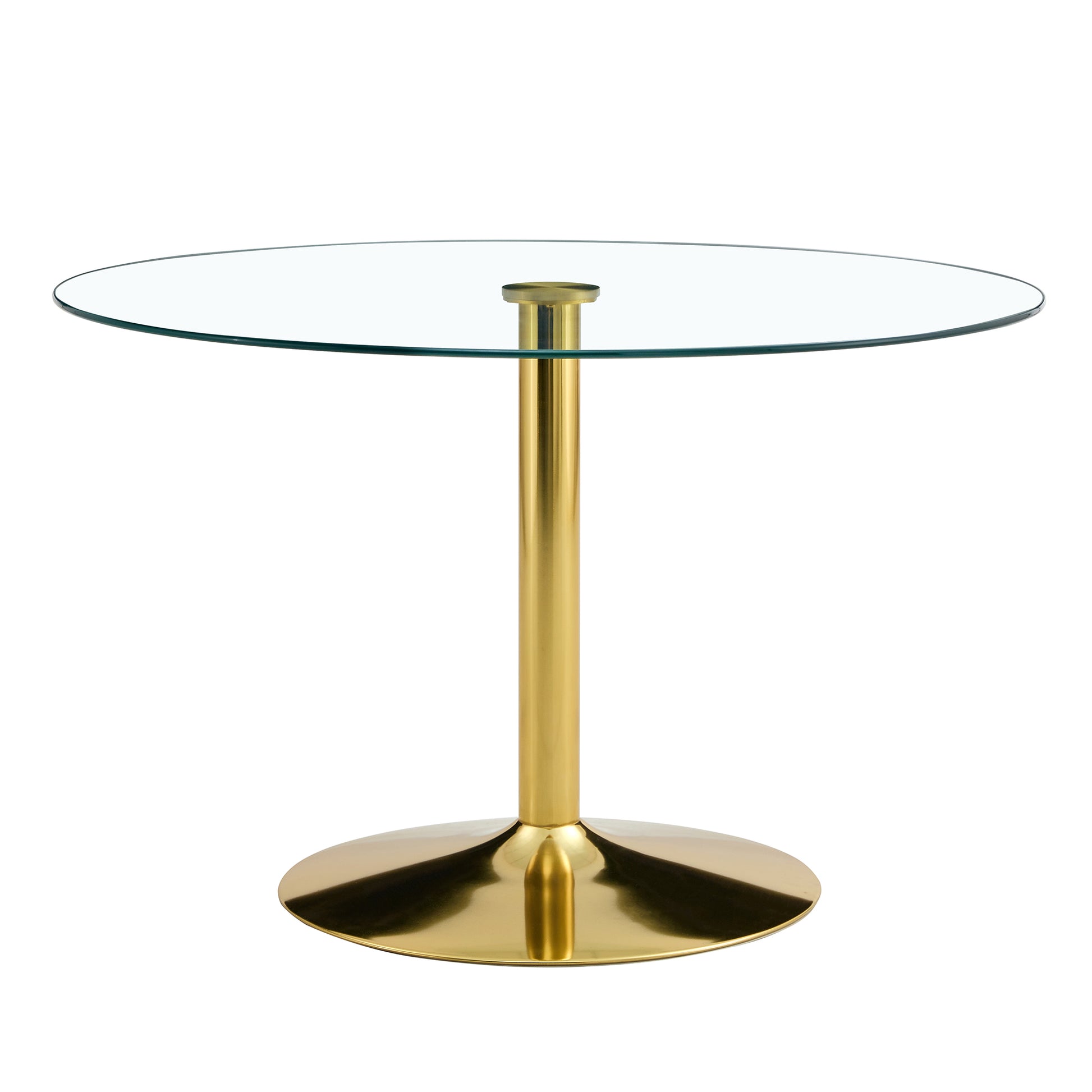 A 47 Inch Diameter Glass Top And A Modern, Minimalist Round Dining Table With Gold Metal Legs. Ideal For Dining Rooms, Living Rooms And Meeting Rooms. Model: Dt 1166 Gold Glass Metal