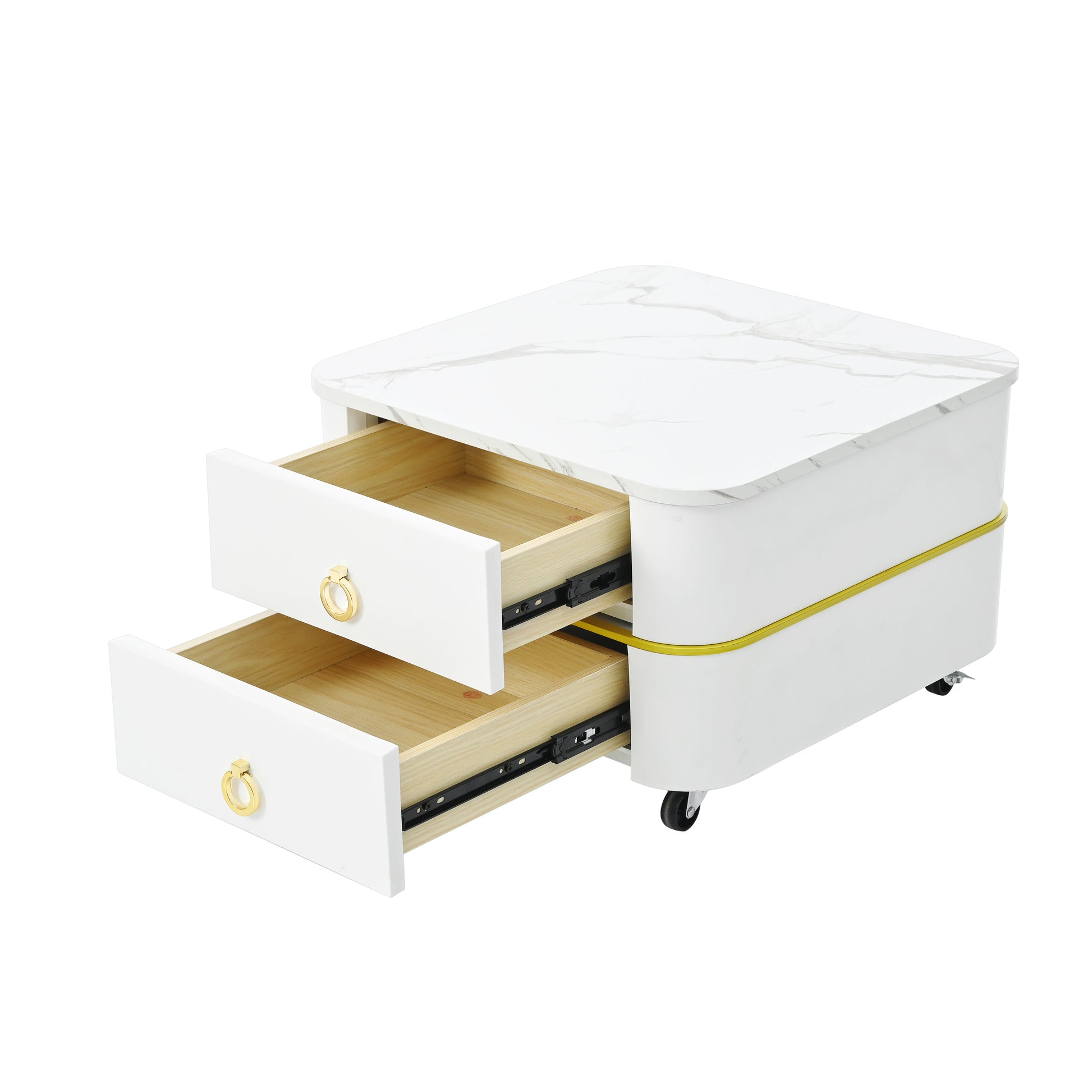 2 In 1 Square Nesting Coffee Table With Wheels & Drawers, Stackable Side Table With High Gloss Marble Grain Top, End Table Set With Brown Tempered Glass For Living Room, White White Gold Primary Living Space Drawers Square Mdf Steel