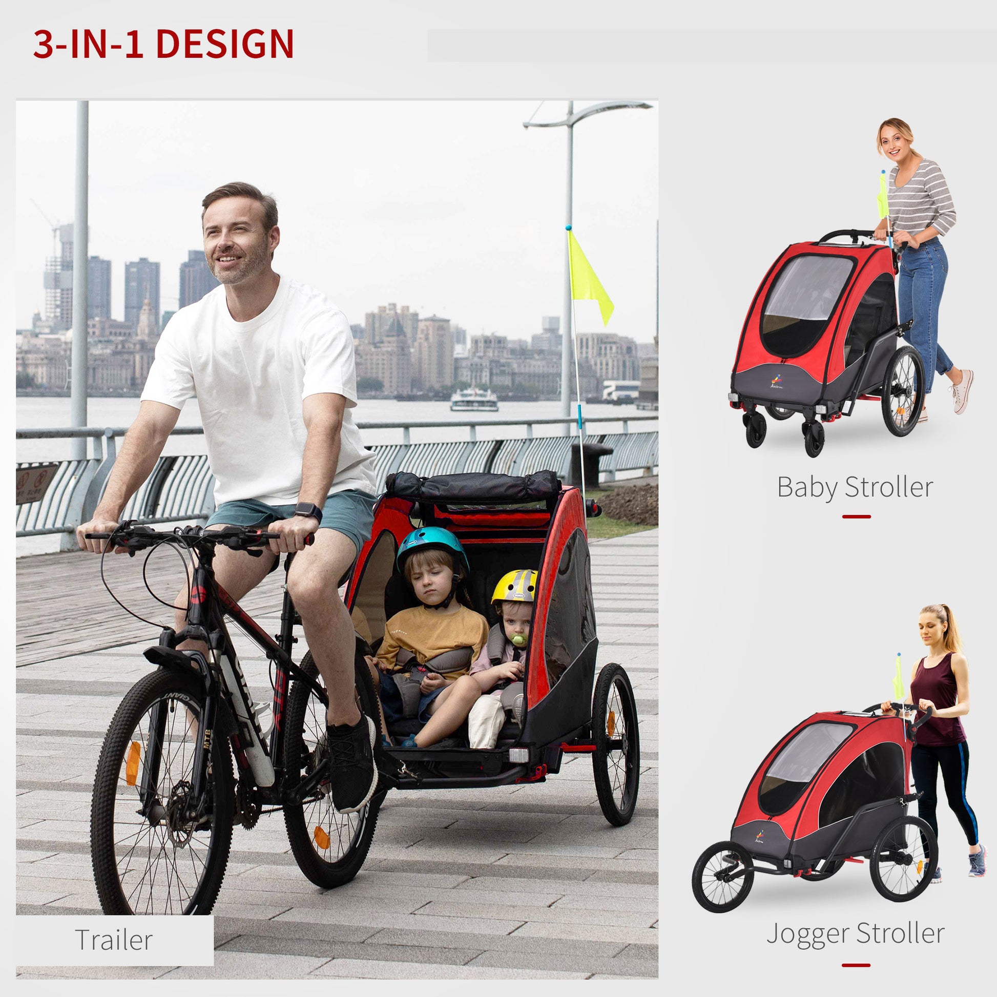 Aosom Bike Trailer For Kids 3 In1 Foldable Child Jogger Stroller Baby Stroller Transport Carrier With Shock Absorber System Rubber Tires Adjustable Handlebar Kid Bicycle Trailer Red And Grey Red Aluminum