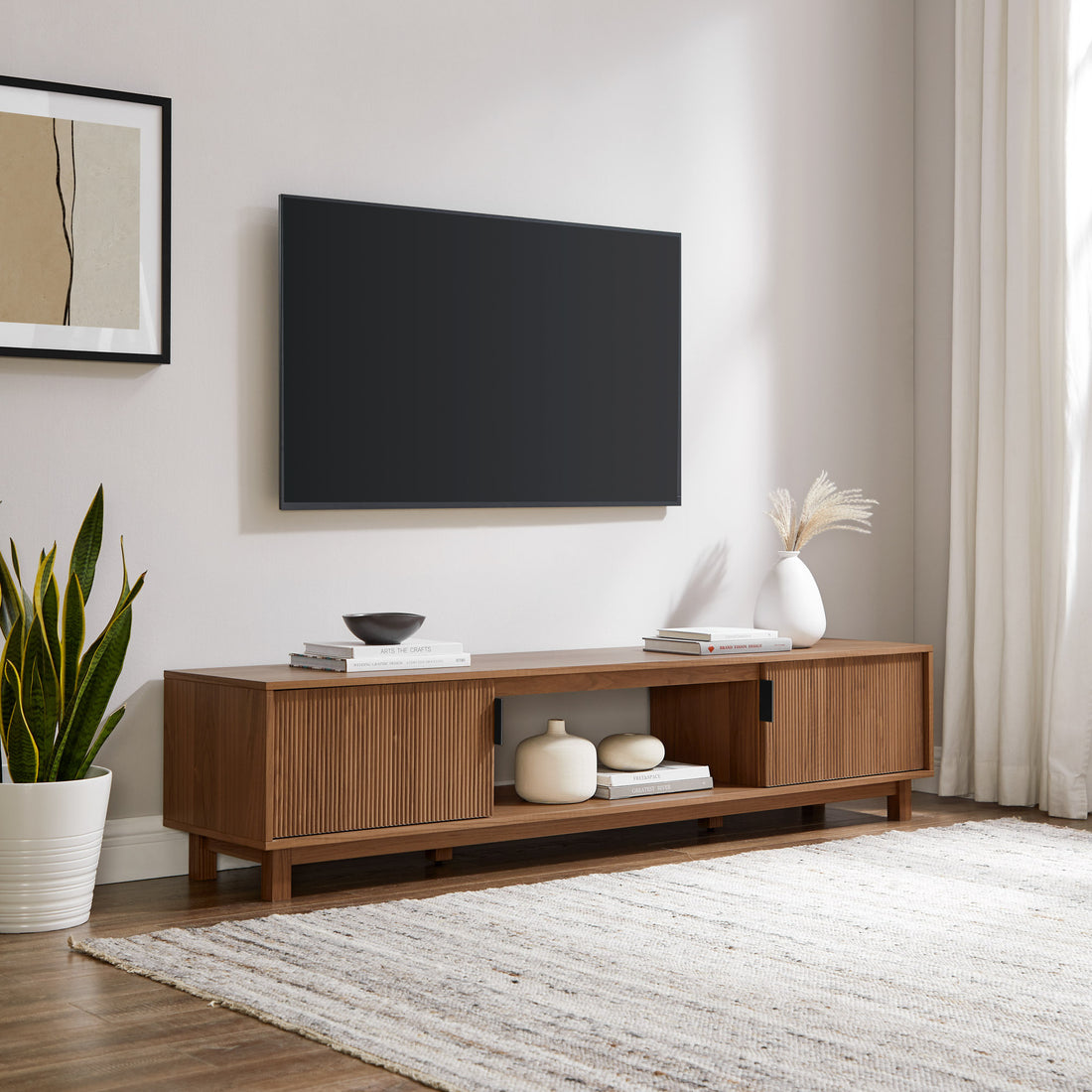 Modern Fluted Door Minimalist Tv Stand For Tvs Up To 80 Inches Mocha Coffee 80 89 Inches Mdf Mdf