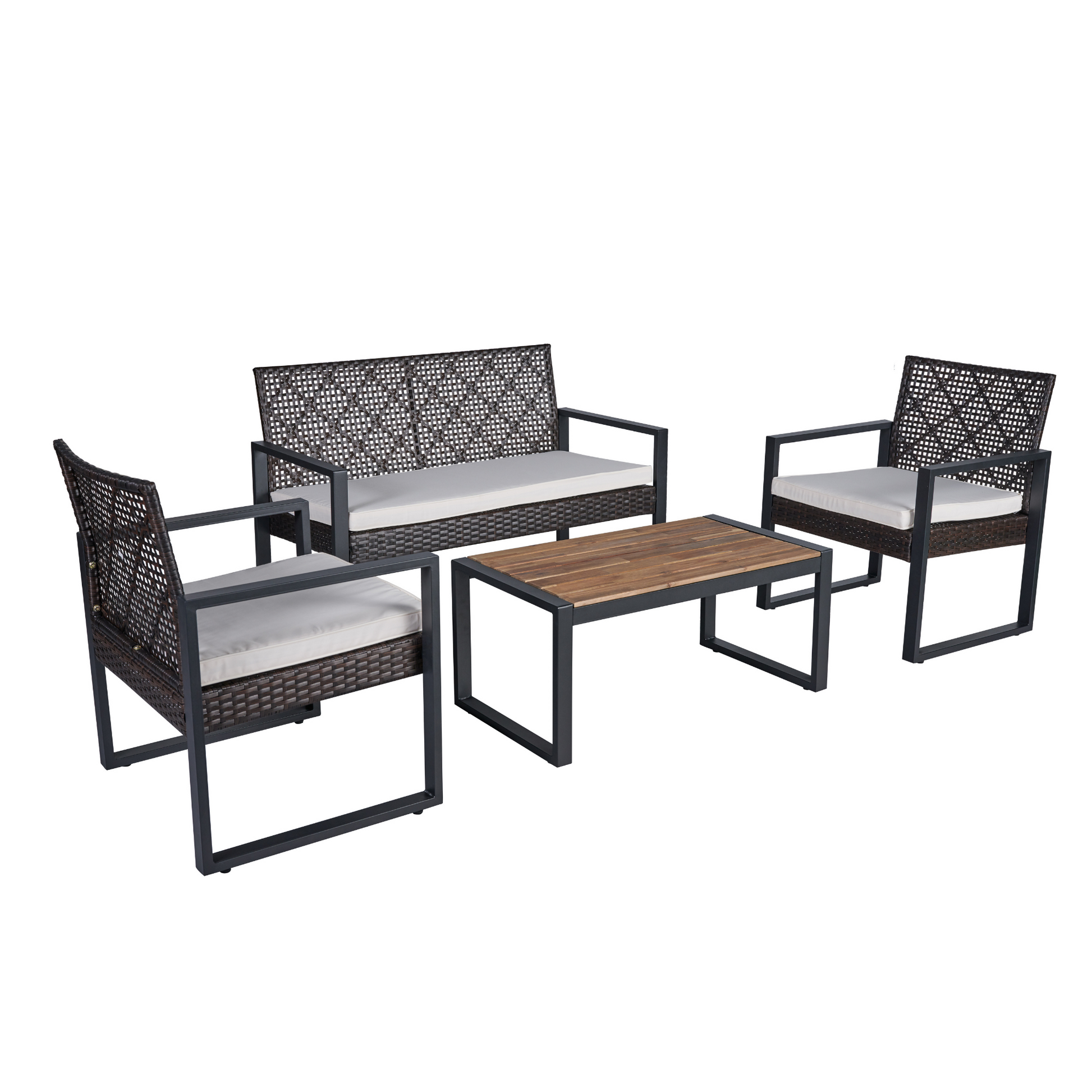 4 Piece Patio Furniture Set Outdoor Balcony Porch Garden Backyard Lawn Furniture Acacia Wood Table Top, Morden Brown And Beige Cushion Yes Sectional Brown Seats 4 Rust Resistant Frame Water Resistant Cushion Garden & Outdoor American Design,American