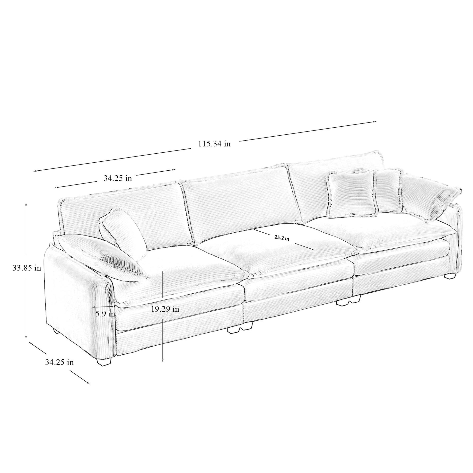 Mid Century Modern 3 Seater Sectional Sofa With 2 Arm Pillows And 3 Throw Pillows,Green Corduroy Fabric Green Corduroy 3 Seat