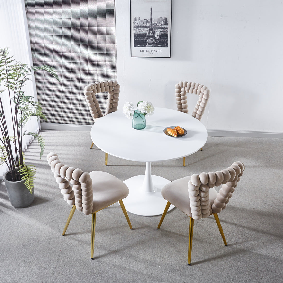 White And Gold Modern Chair Set Of 4 With Iron Tube Legs, Soft Cushions And Comfortable Backrest, Suitable For Dining Room, Living Room, Cafe,Hairball Back White Gold Fabric
