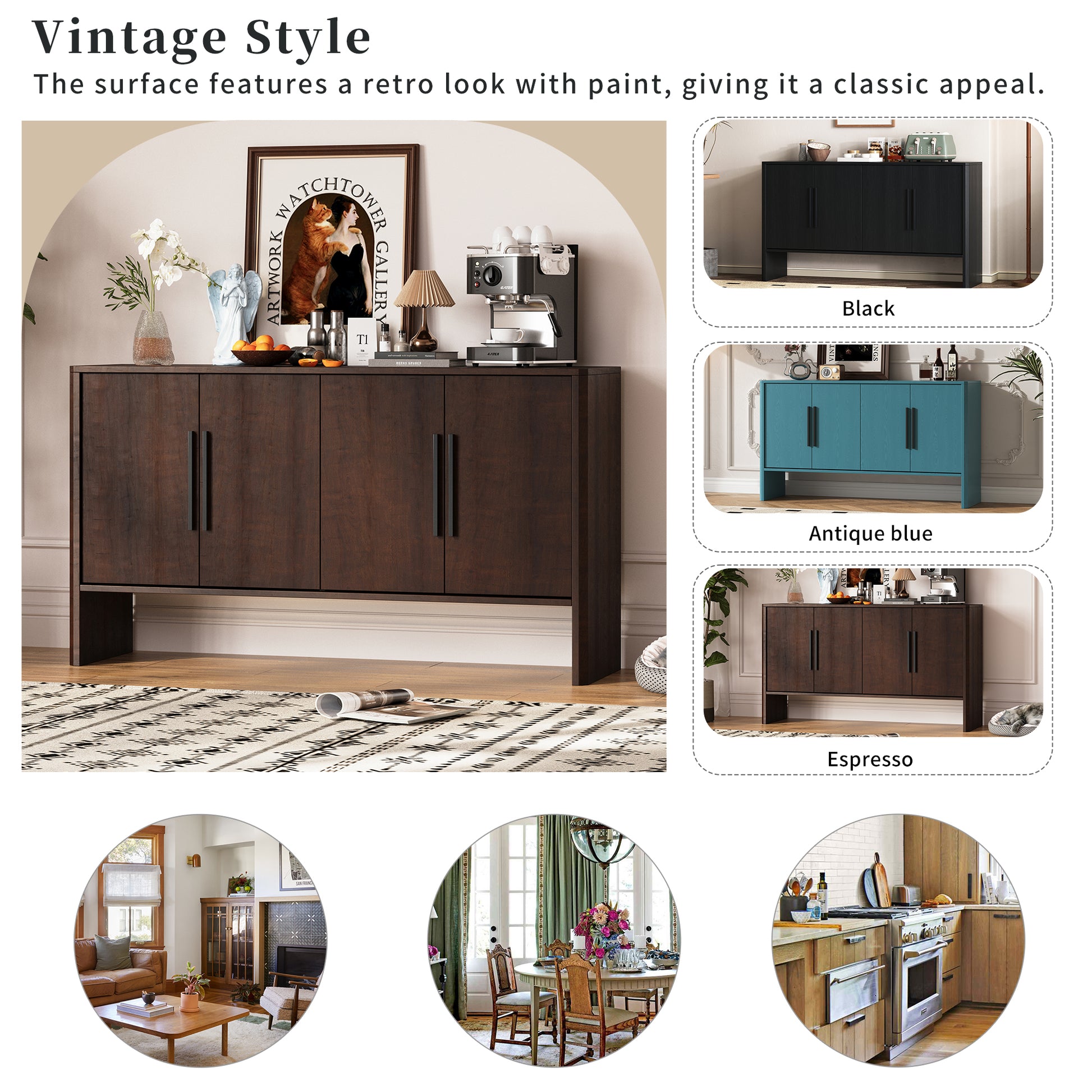 4 Door Large Storage Retro Sideboard With Adjustable Shelves And Long Handles For Kitchen, Dining Room And Living Room Espresso Espresso Mdf