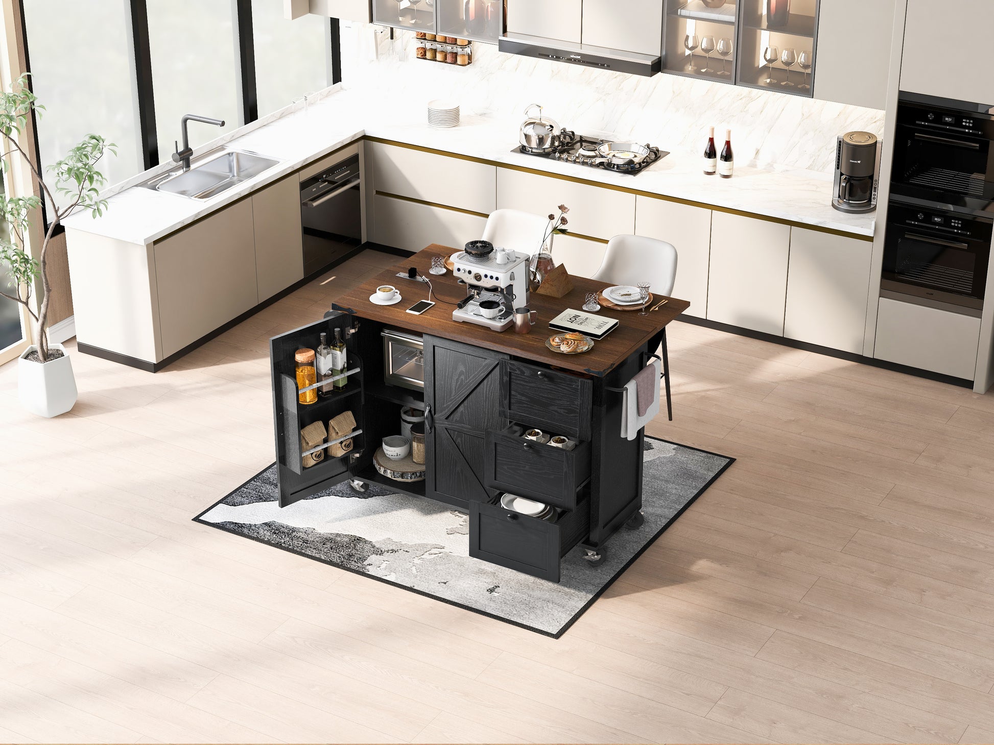 K&K 54.5" Farmhouse Kitchen Island With Power Outlet, Kitchen Storage Island With Internal Storage Rack, Drop Leaf, Spice Rack, Rolling Kitchen Cart On Wheels, For Home, Kitchen And Dining