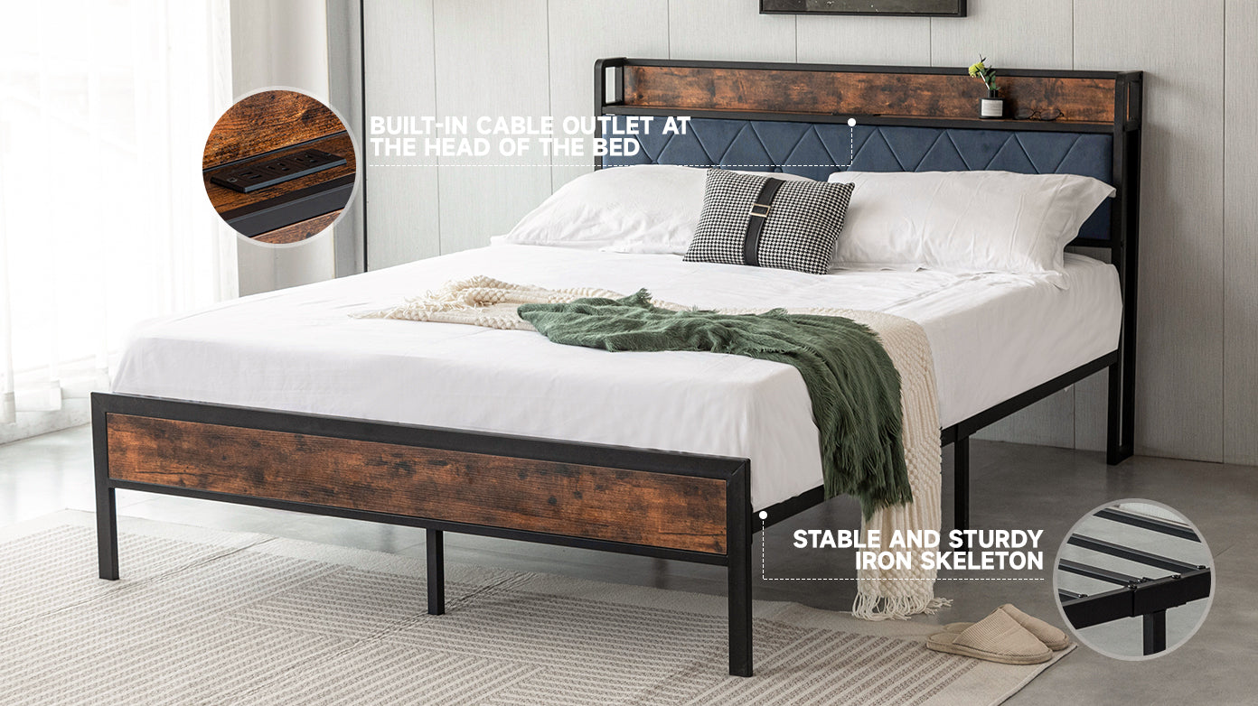 Black Queen Metal Bed Frame With Upholstered Headboard And Footboard And Iron Slats, Rustic Bed Base, Heavy Duty Platform Bed Frame,12 Inch Underbed Storage No Springs Required Box Spring Required Queen Black Dark Walnut Metal Brown Bedroom