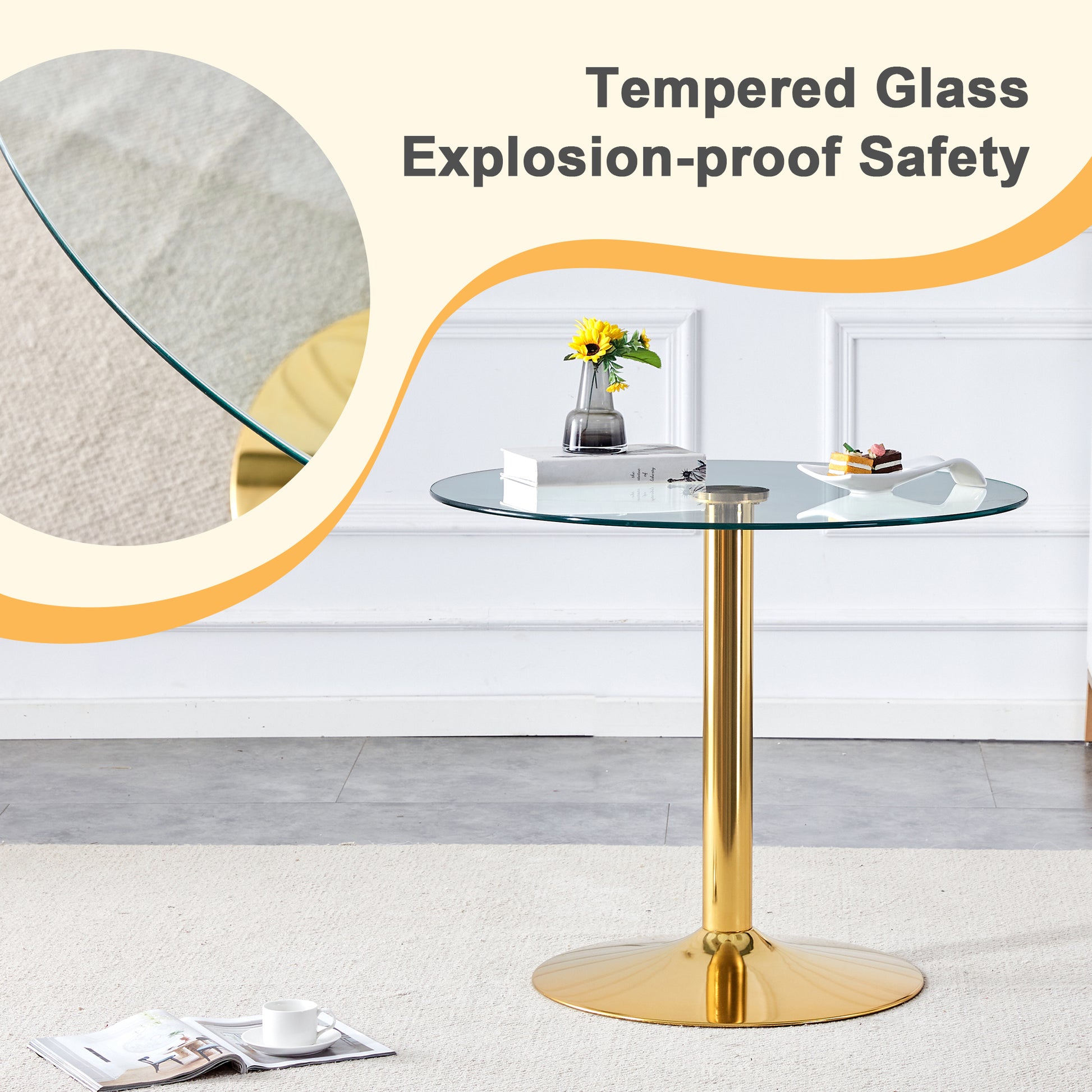 A 35 Inch Diameter Glass Top And A Modern, Minimalist Round Dining Table With Gold Metal Legs. Ideal For Dining Rooms, Living Rooms And Meeting Rooms. Model: Dt 1166 Gold Glass Metal