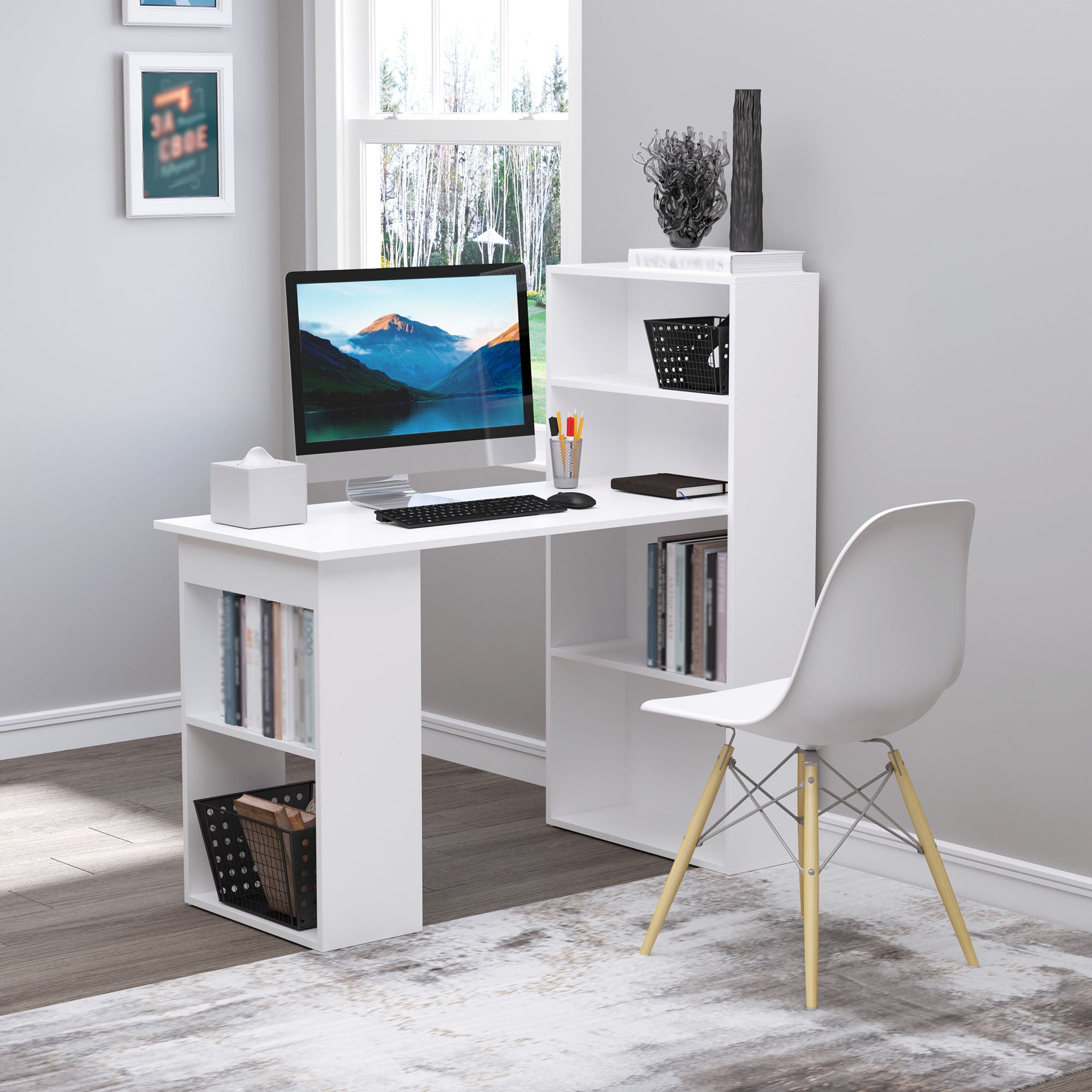 HOMCOM Modern Home Office Desk with 6 Tier Storage white-engineered wood