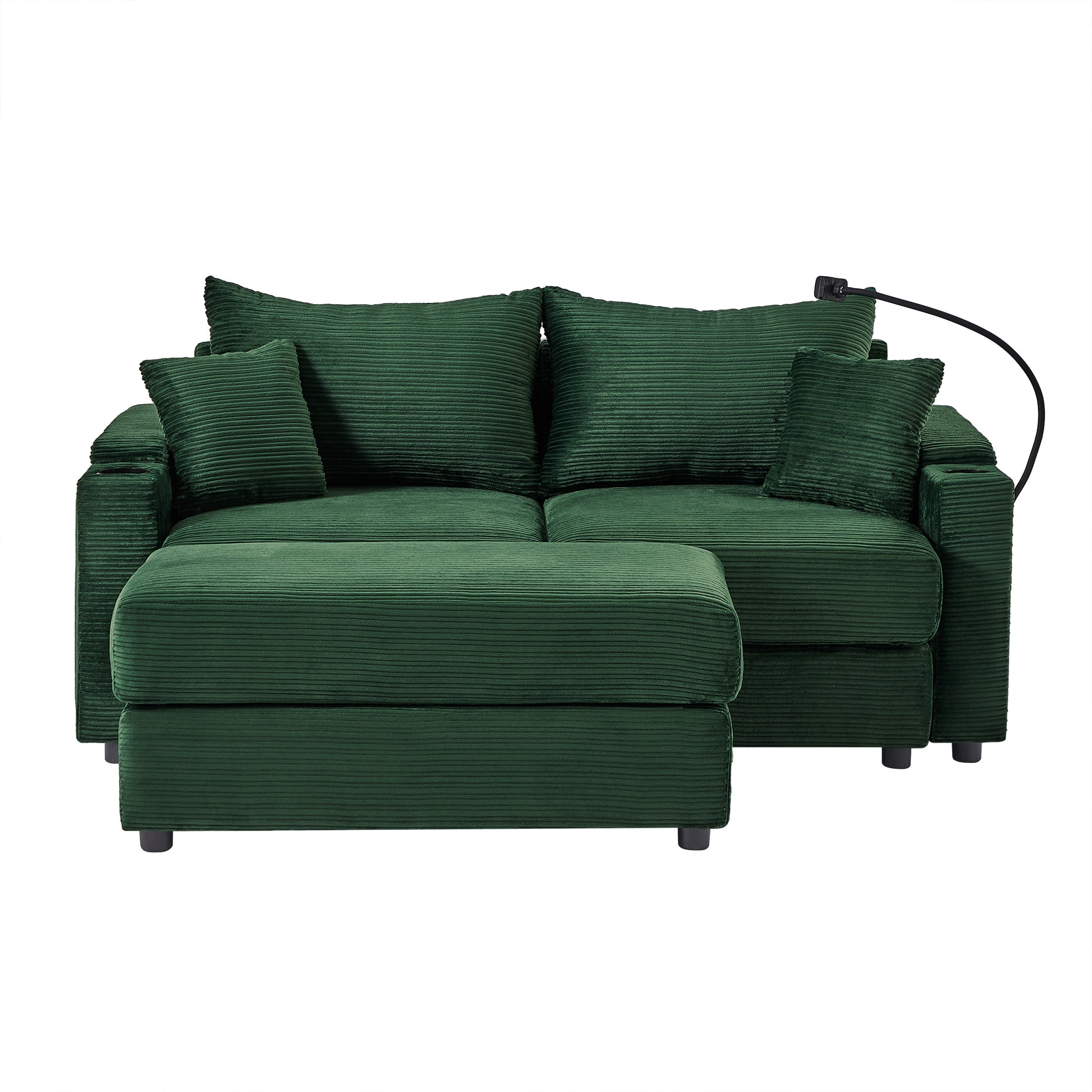 72.8" Modern Style Loveseat Sofa Sectional Sofa Couch With Storage Space, A Movable Ottoman, Two Usb Ports, Two Cup Holders, A Phone Holder For Living Room, Green Green Foam Corduroy 3 Seat